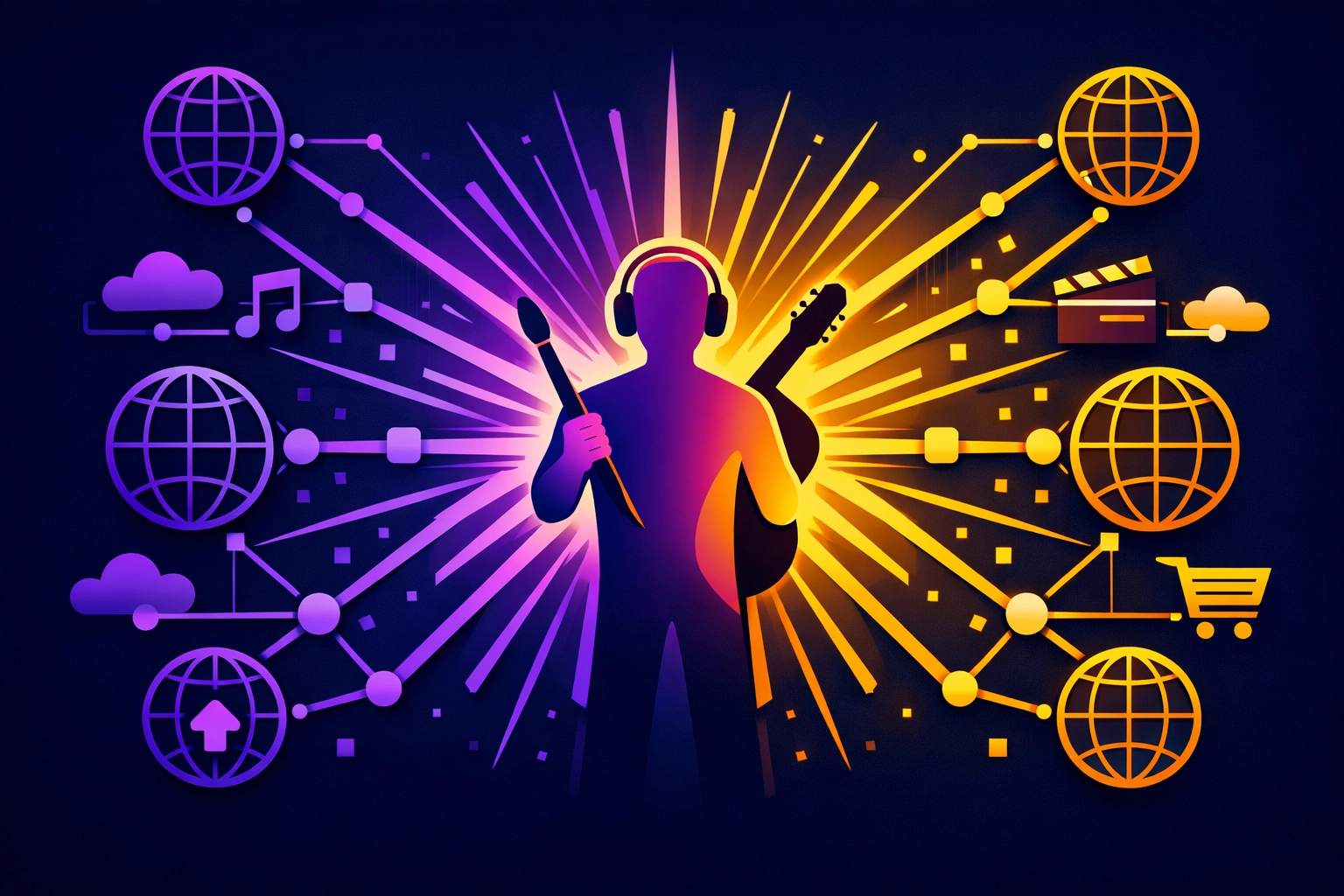 Vibrant illustration of an independent artist connecting to a global music distribution and marketing network.