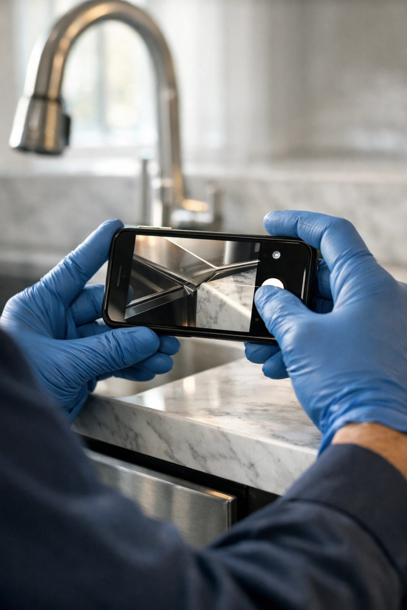 Cleaning technician documenting maintenance repairs in a high-end kitchen via smartphone.