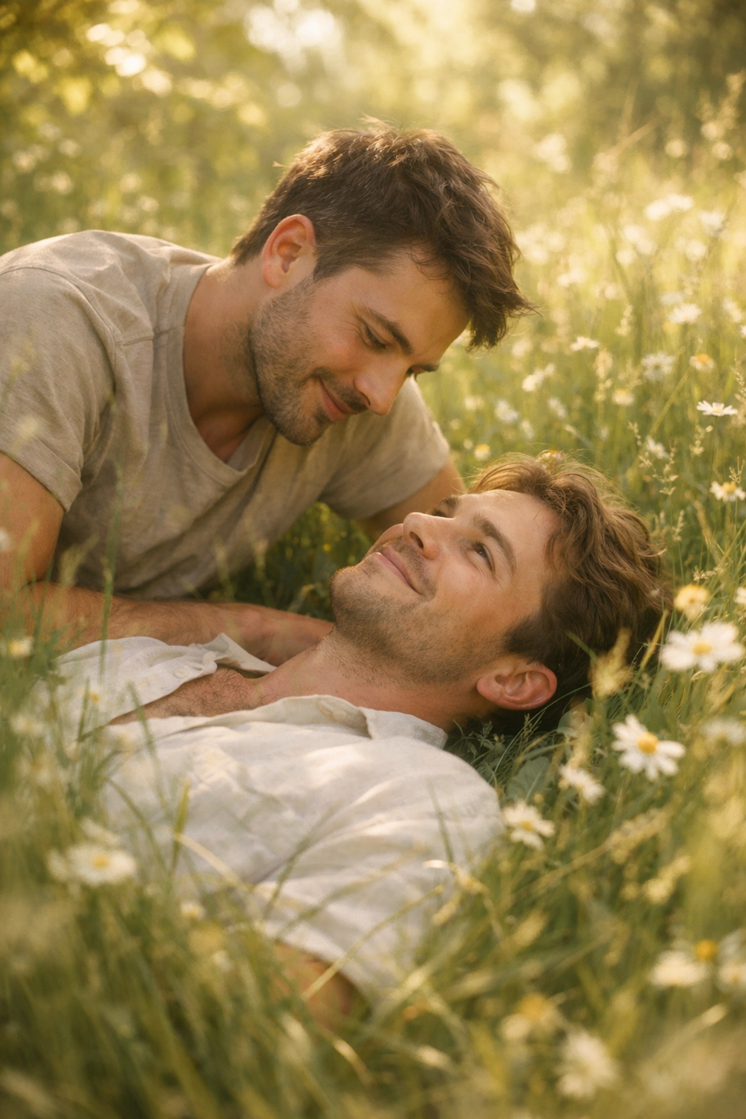Two men lying together in sunlit meadow - intimate connection in natural outdoor setting