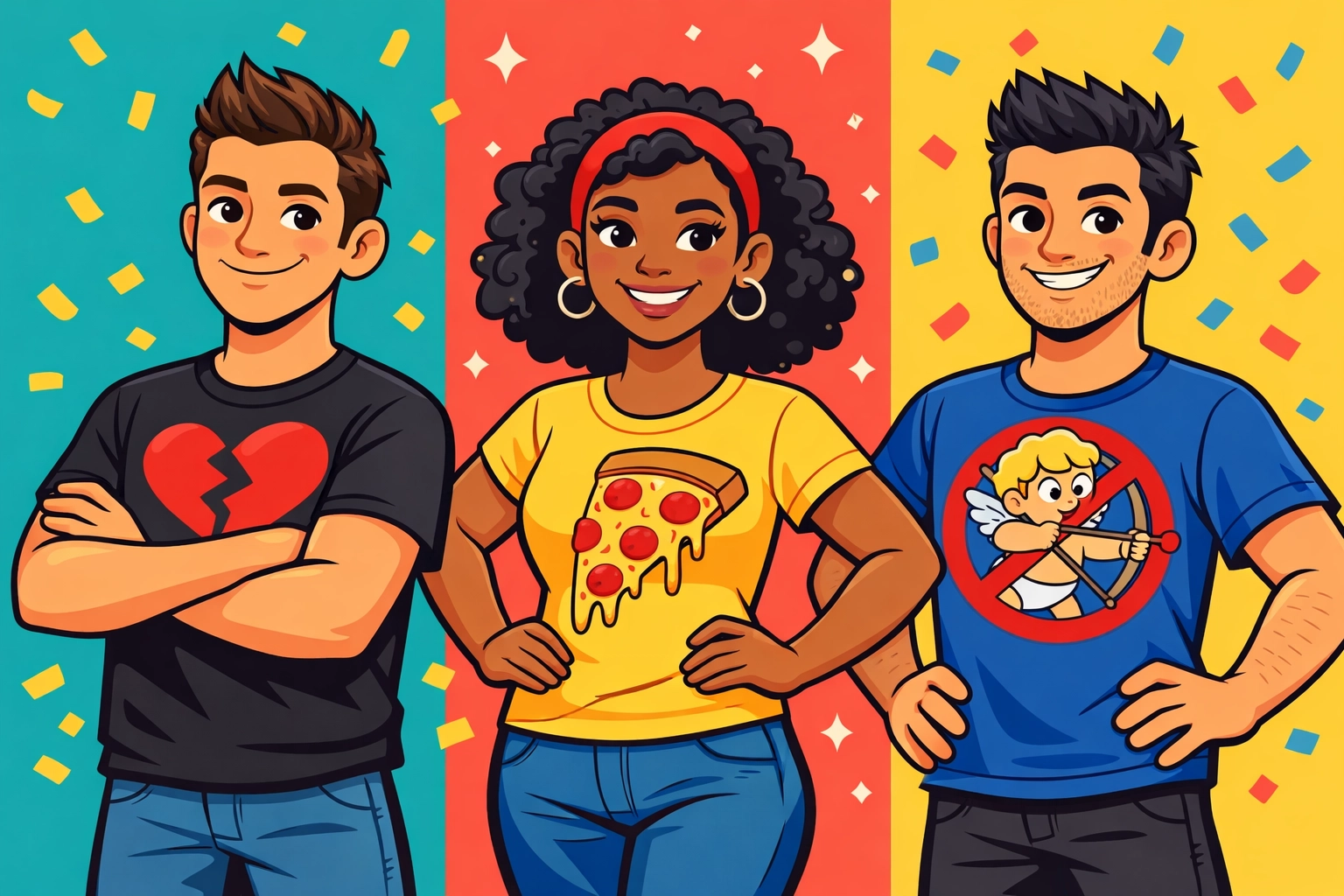 Three people confidently wearing funny anti-Valentine's Day graphic tees with various designs