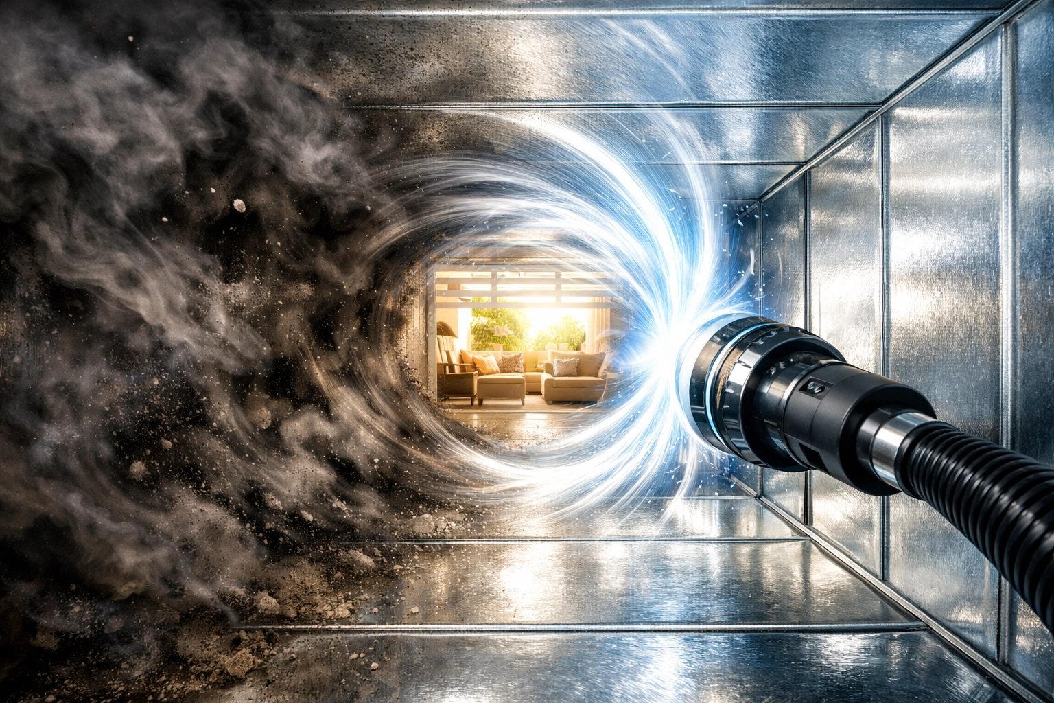 Professional air duct cleaning removing soot and smoke particles from a home ventilation system.