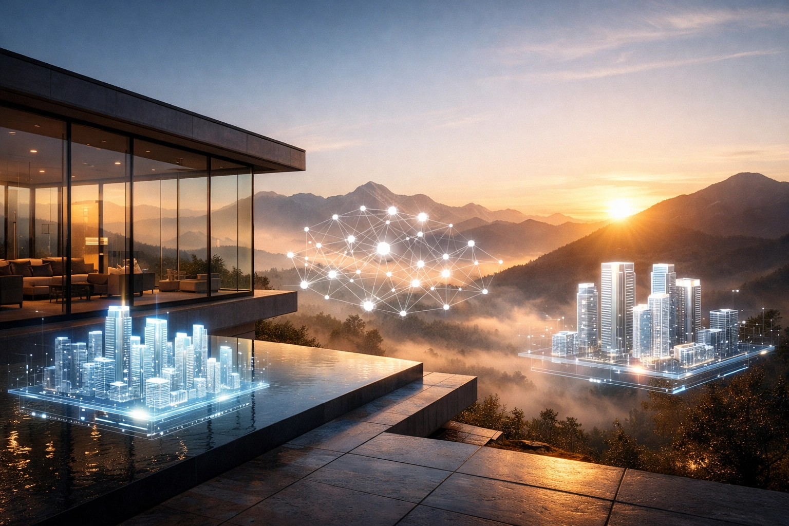 Modern luxury villa with digital network holograms representing lifestyle investing and real-world assets.