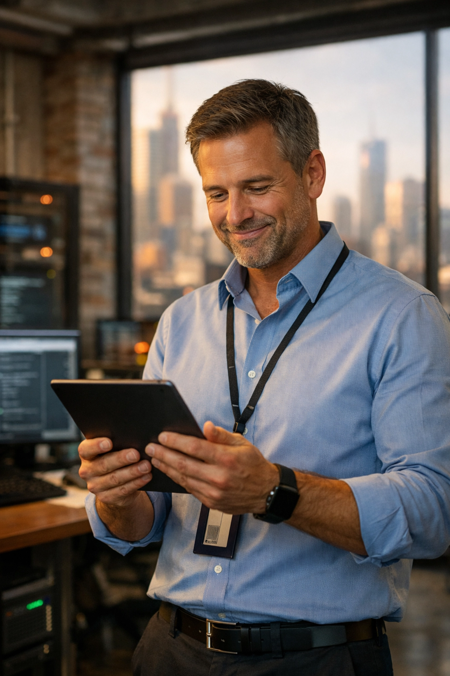 US IT Director reviewing high-ROI ServiceNow implementation metrics on a tablet in a city office.