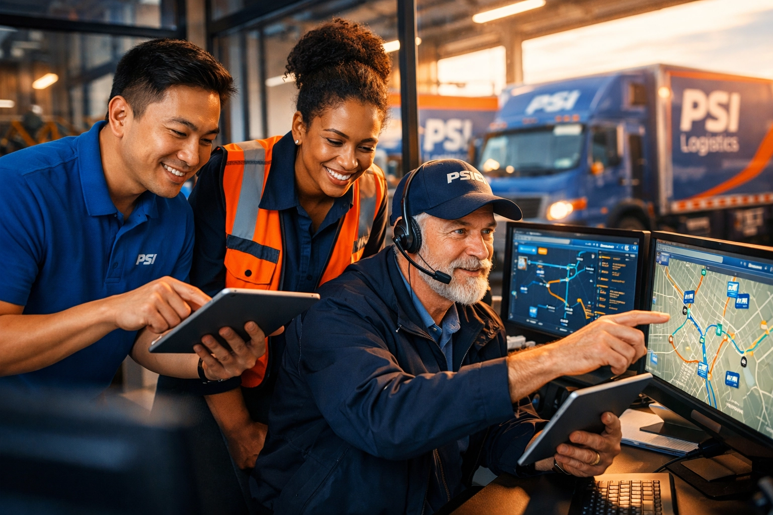 Logistics team reviewing delivery routes in modern warehouse control center
