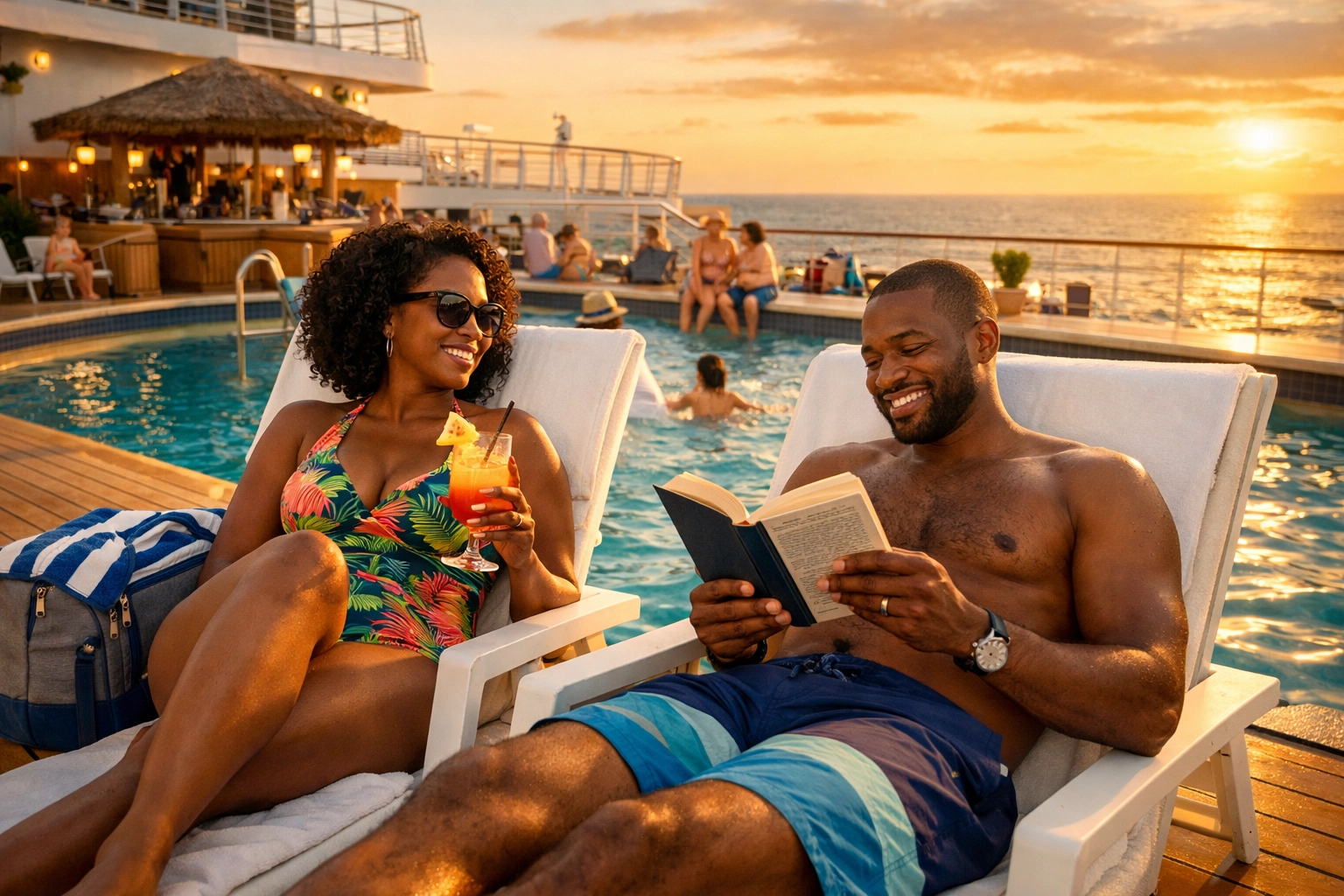 Couple relaxing poolside on cruise ship deck with carry-on bag nearby
