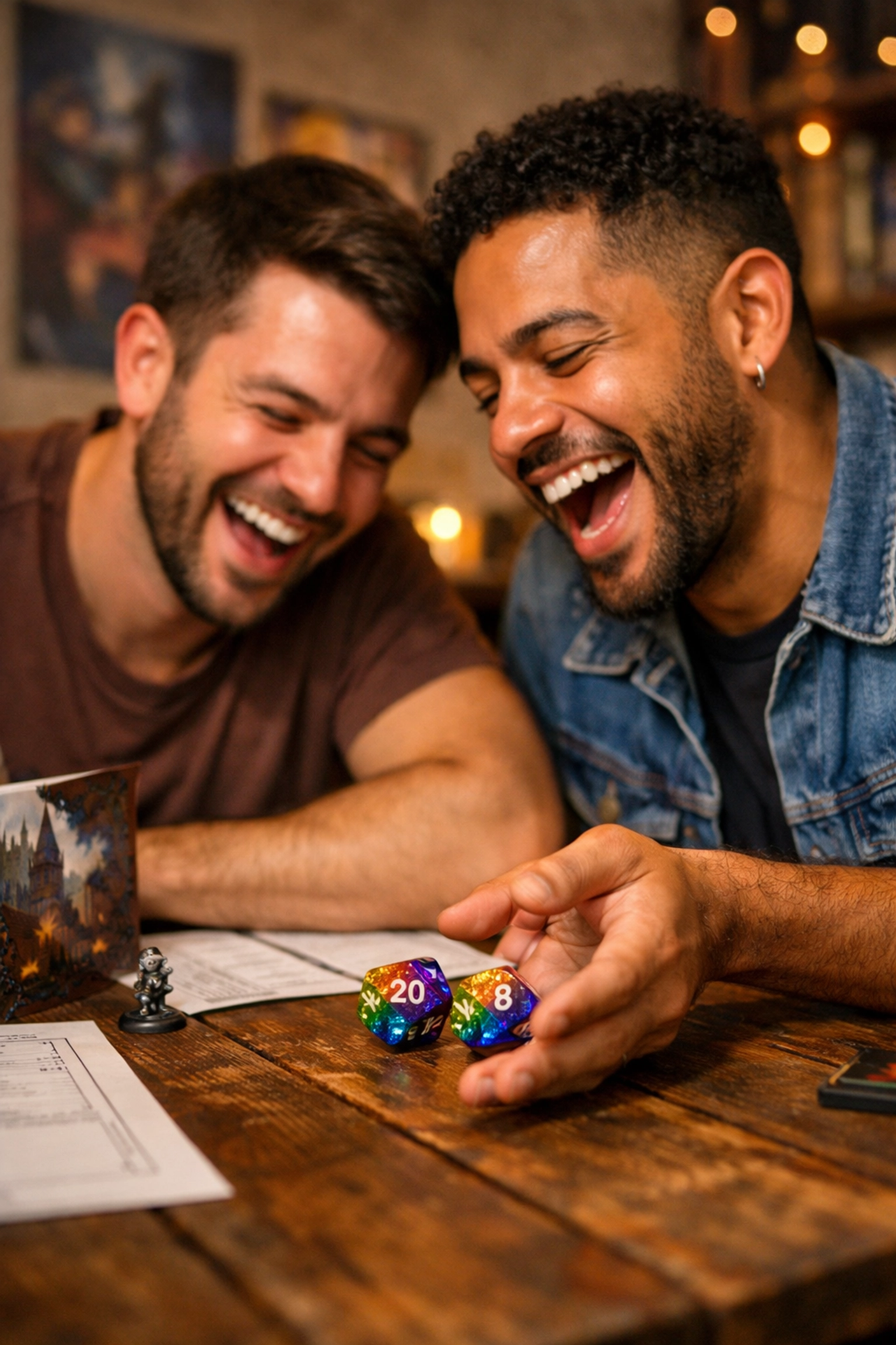 Two gay men laughing while playing a tabletop game together to build authentic queer community connections.