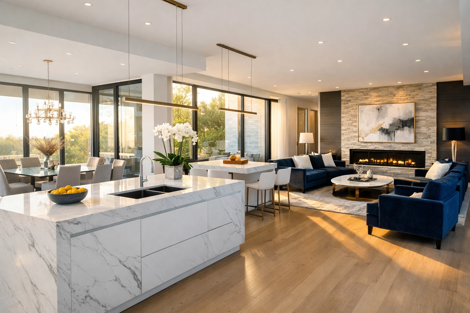 Modern open-concept home layout showing organized kitchen and living room cleaning zones.