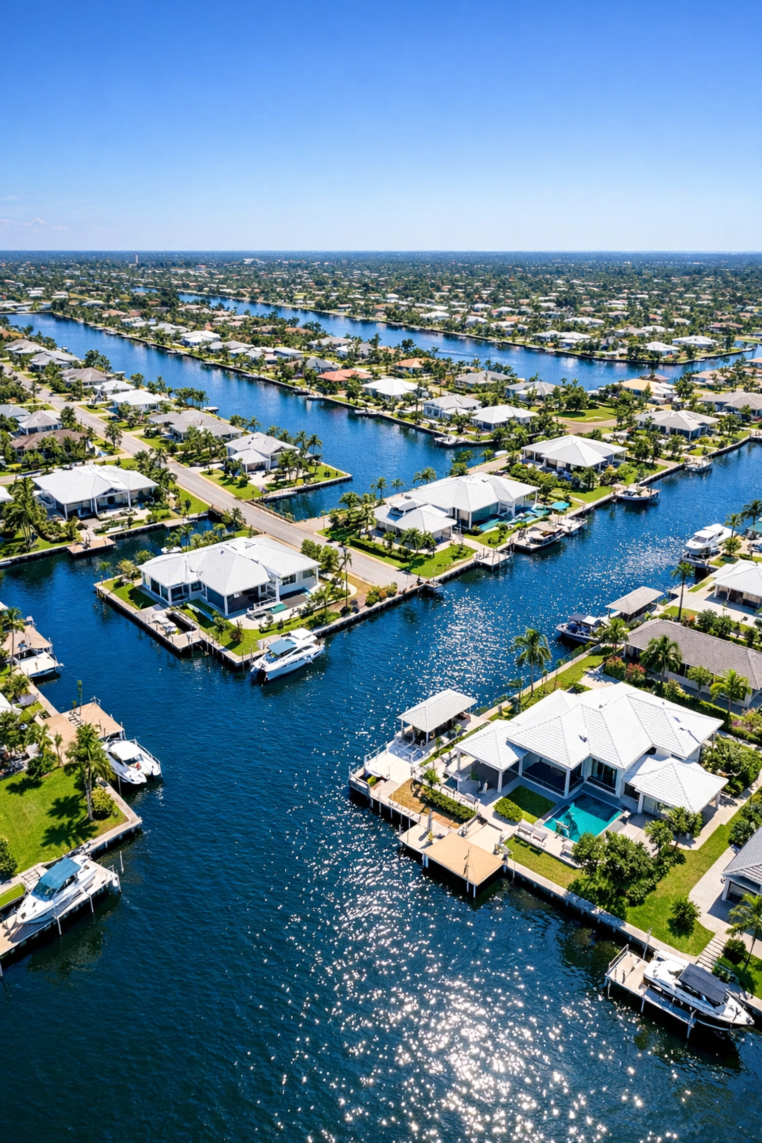 Aerial view of Cape Coral quadrants showing navigable canals and SWFL waterfront homes with private docks.