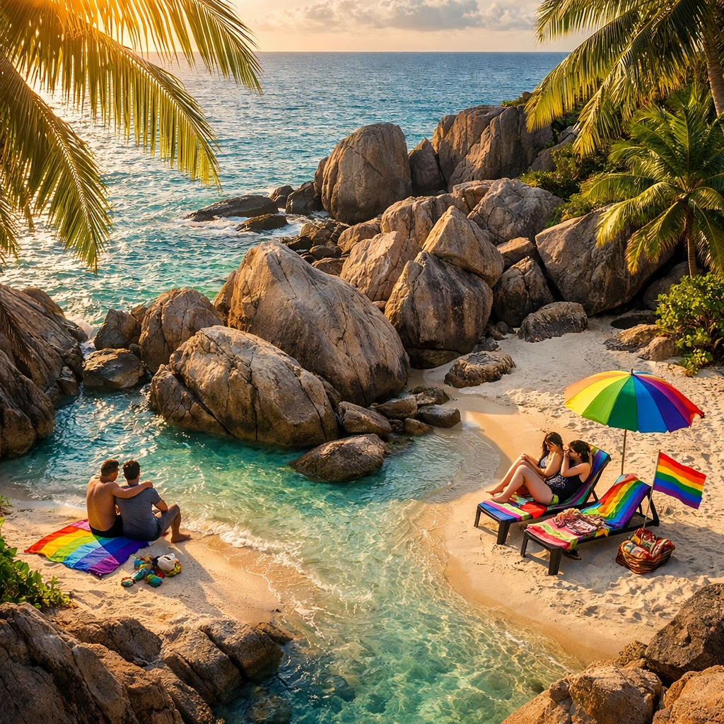 Aerial view of Paradise Beach Phuket showing secluded coves separated by granite boulders and palm trees