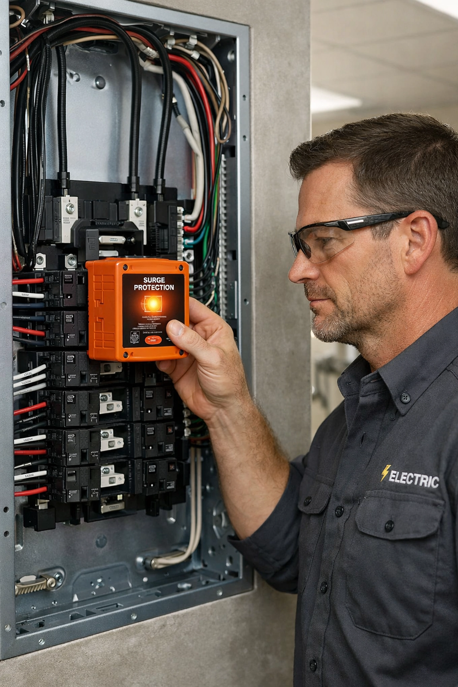Licensed electrician installing a whole house surge protector in a clean residential electrical panel.