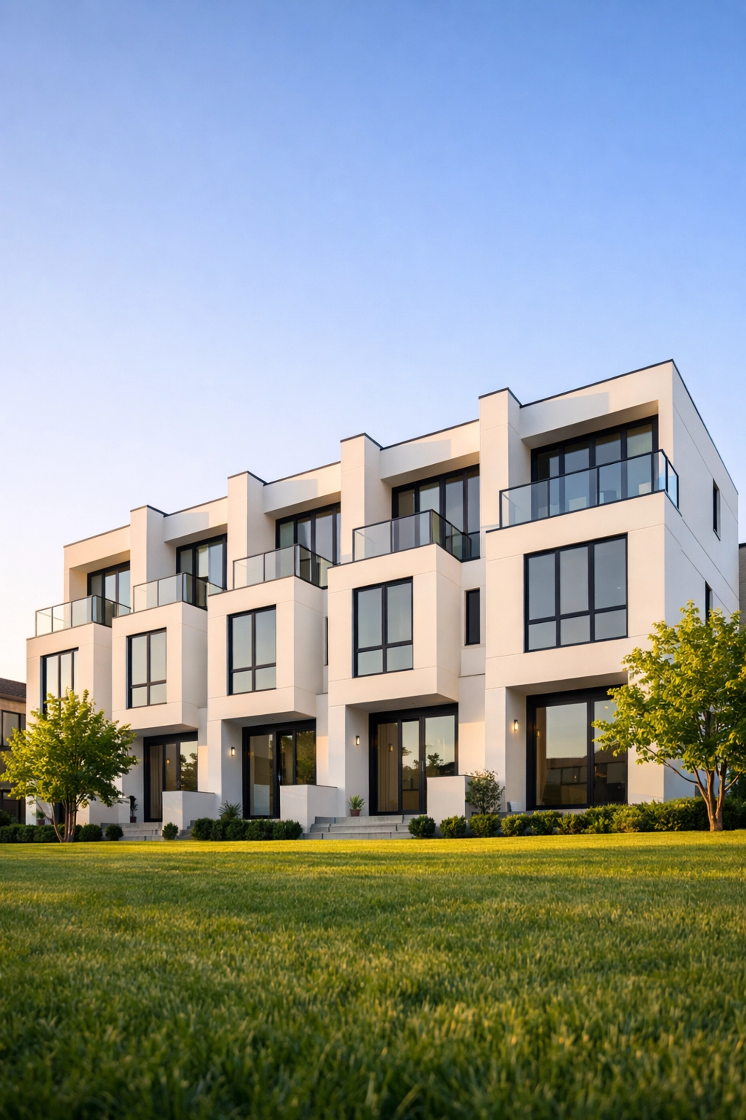 Modern multi family 5 units or more apartment building representing a profitable commercial real estate investment.