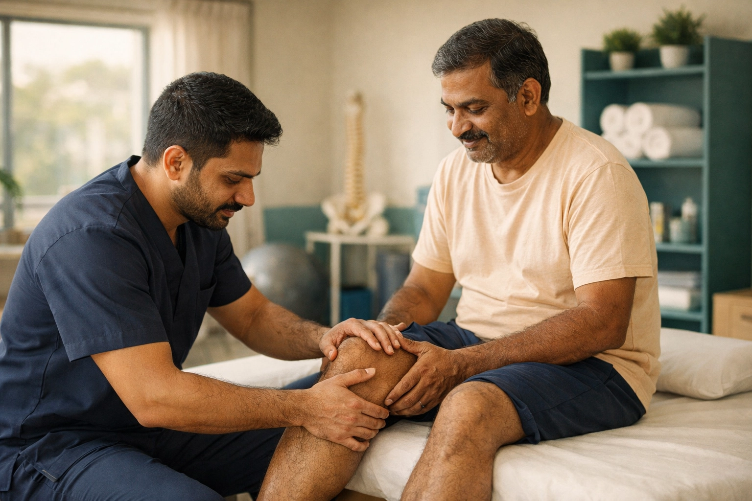 Physiotherapist assessing knee mobility for knee pain treatment without surgery in Kozhikode.