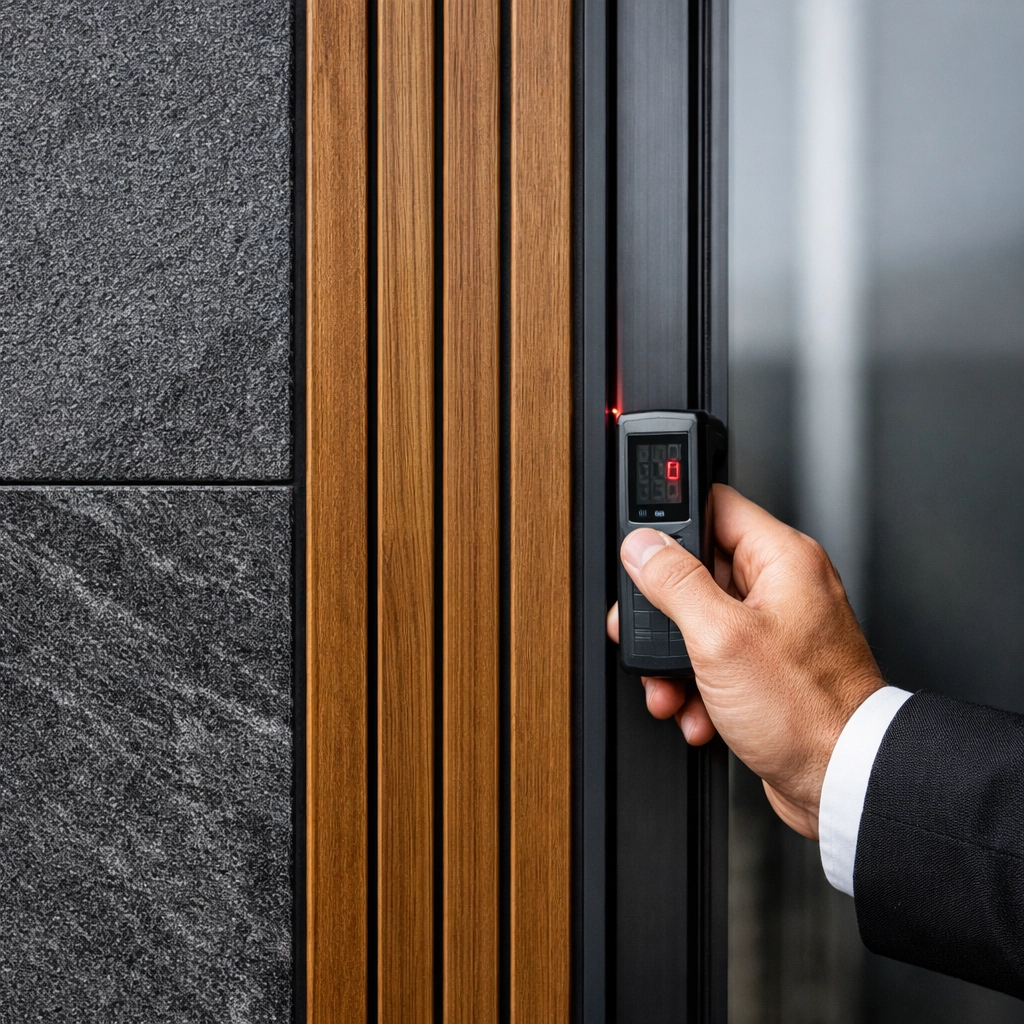 Precision quality control inspection on a luxury facade to ensure high ROI in residential development.