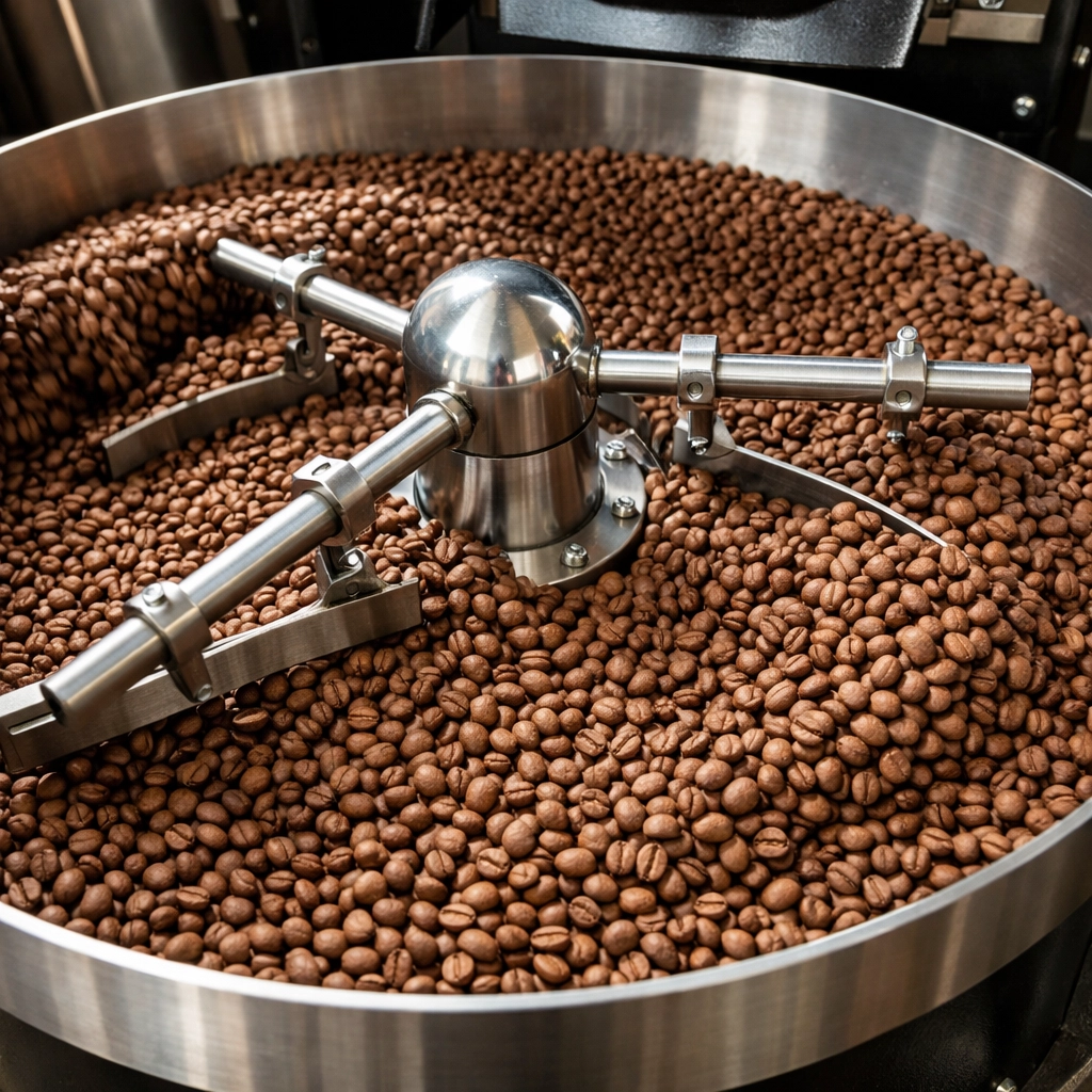 Freshly roasted specialty coffee beans in a professional cooling tray at a wholesale coffee roastery.