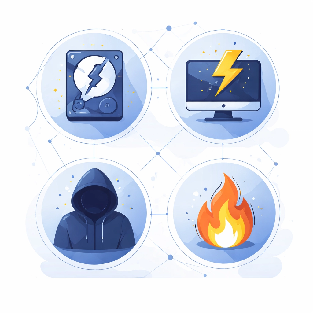 Visual of different data loss threats including hardware failure, cyberattacks, and disasters
