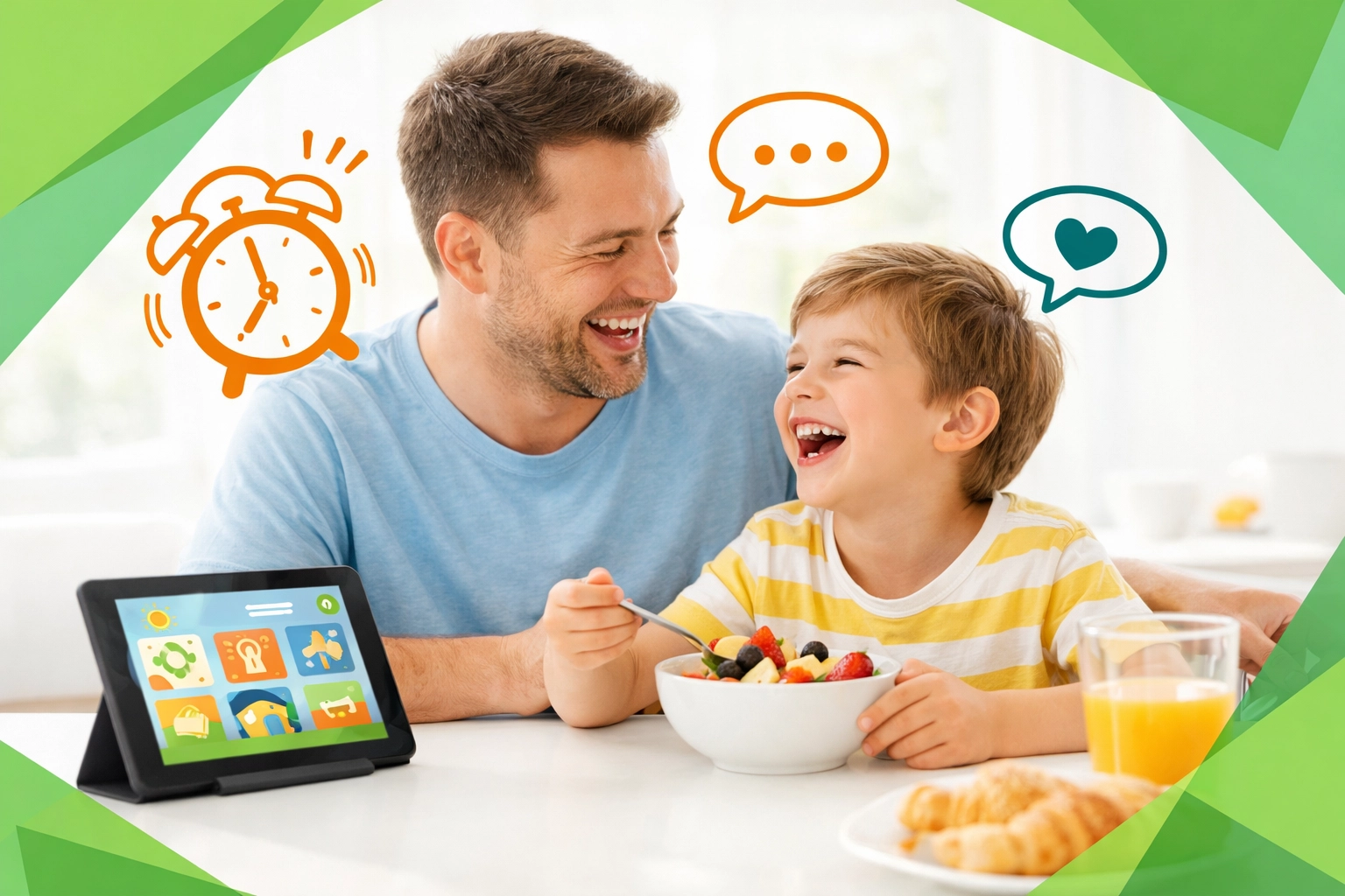 Father and son enjoying a morning routine using Christian life skills training at the breakfast table.