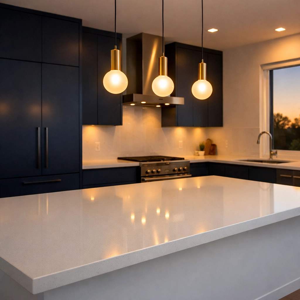 A minimalist kitchen with a clear quartz island after a quick nightly cleaning reset.