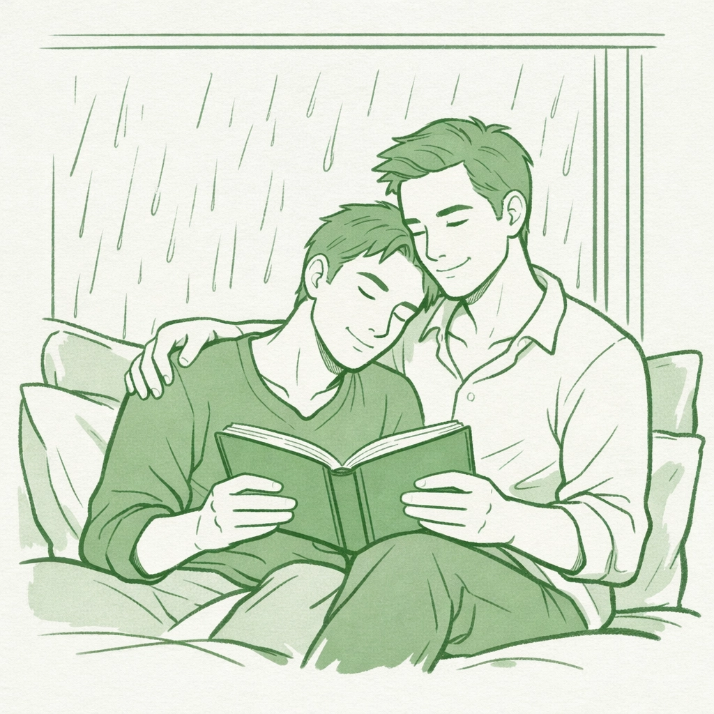Two men sharing literary M/M romance book on window seat, depicting intimate gay love story moment