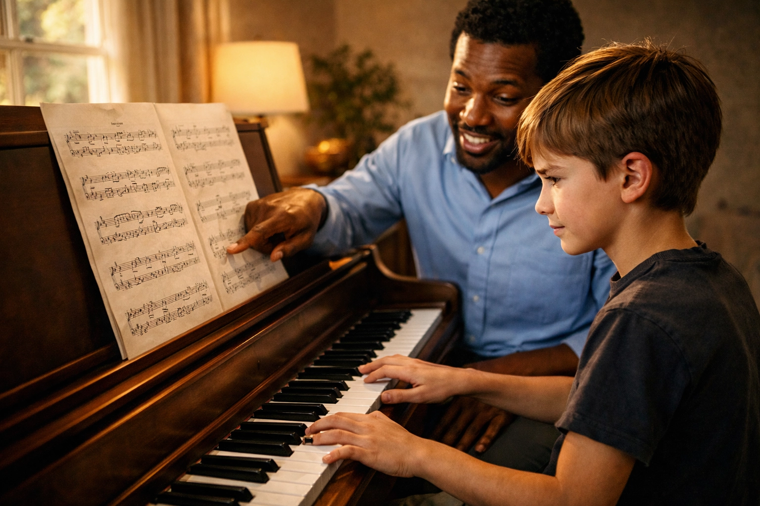 Beginner piano student reading sheet music during private piano lesson