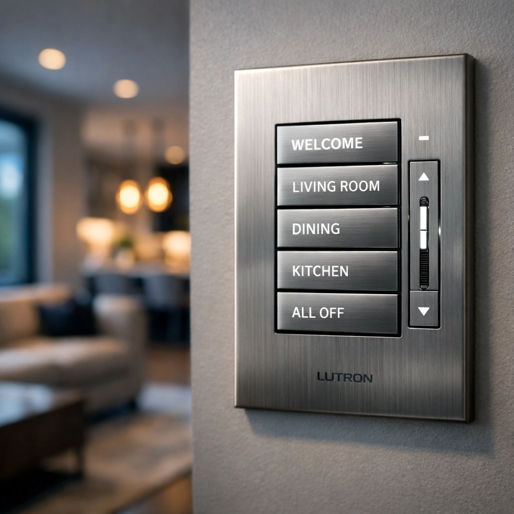 Lutron lighting control keypad installed in Colleyville luxury home