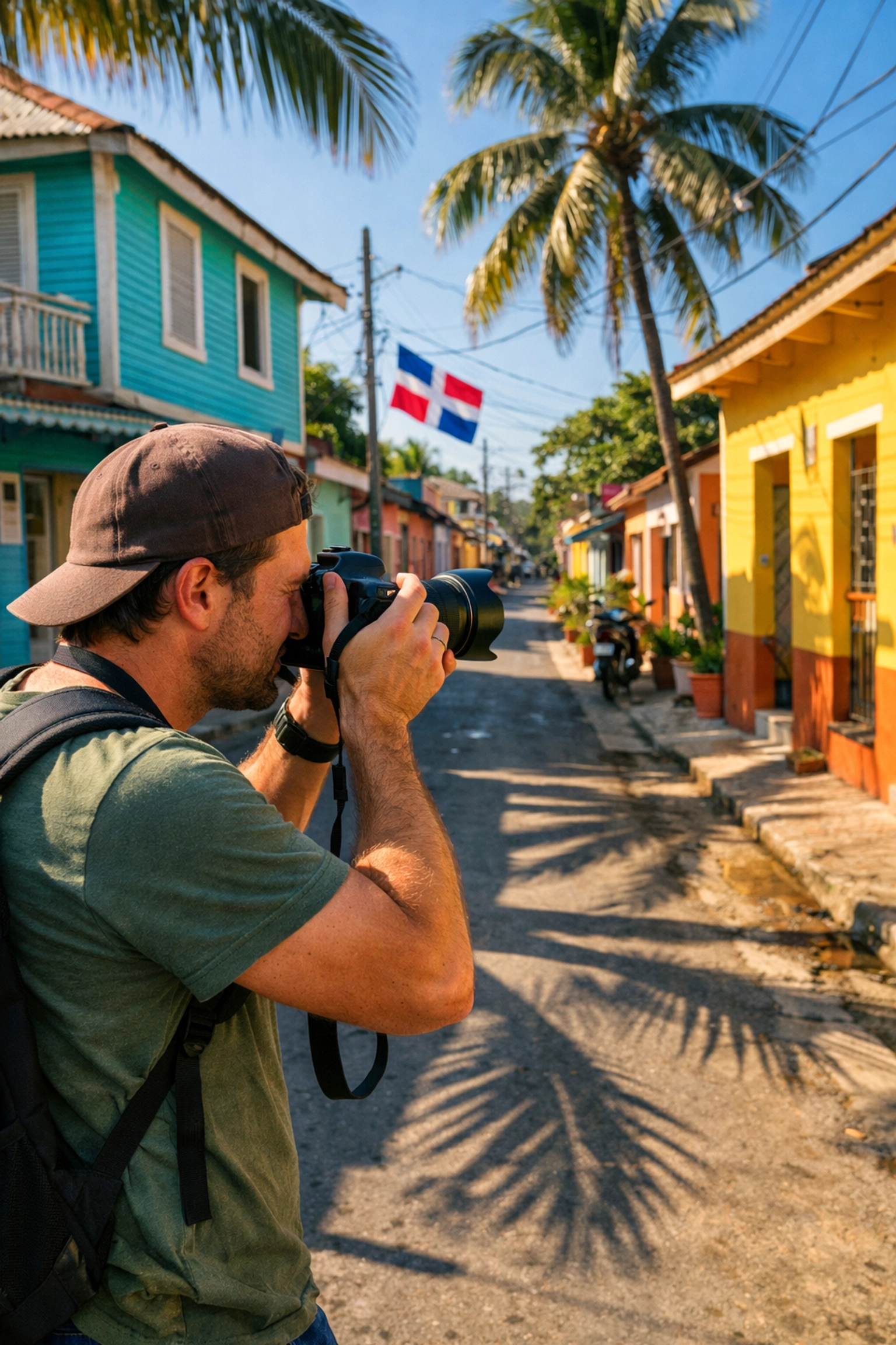 Travel photographer shooting in a colorful Dominican Republic street, illustrating the best photography locations.