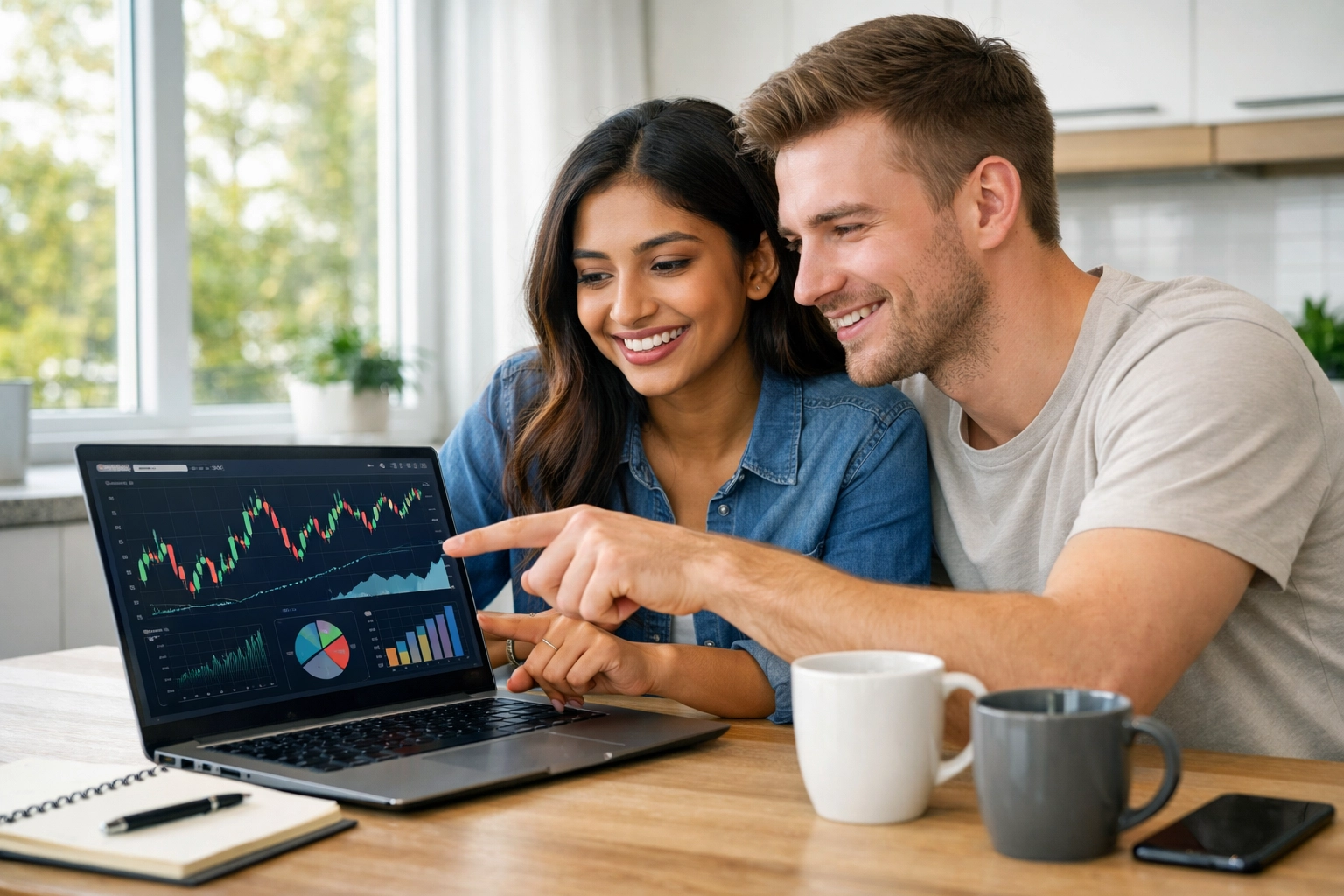 Couple reviewing Hampton Roads housing market data on laptop while deciding when to buy a home