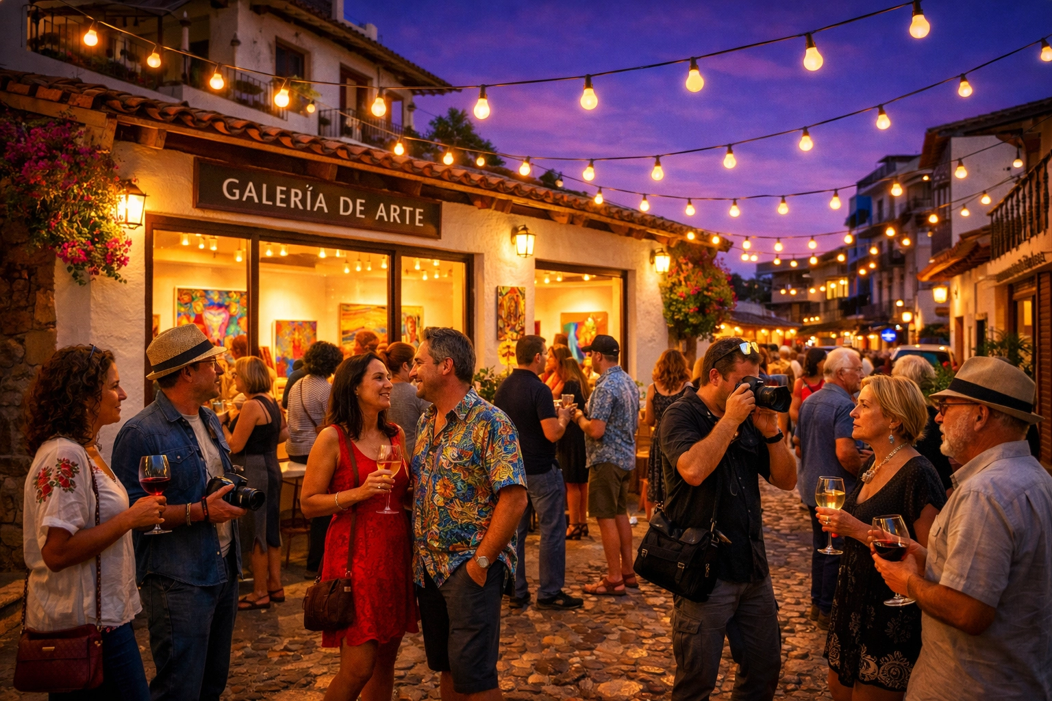 Art gallery opening at dusk in Old Town Puerto Vallarta cultural district