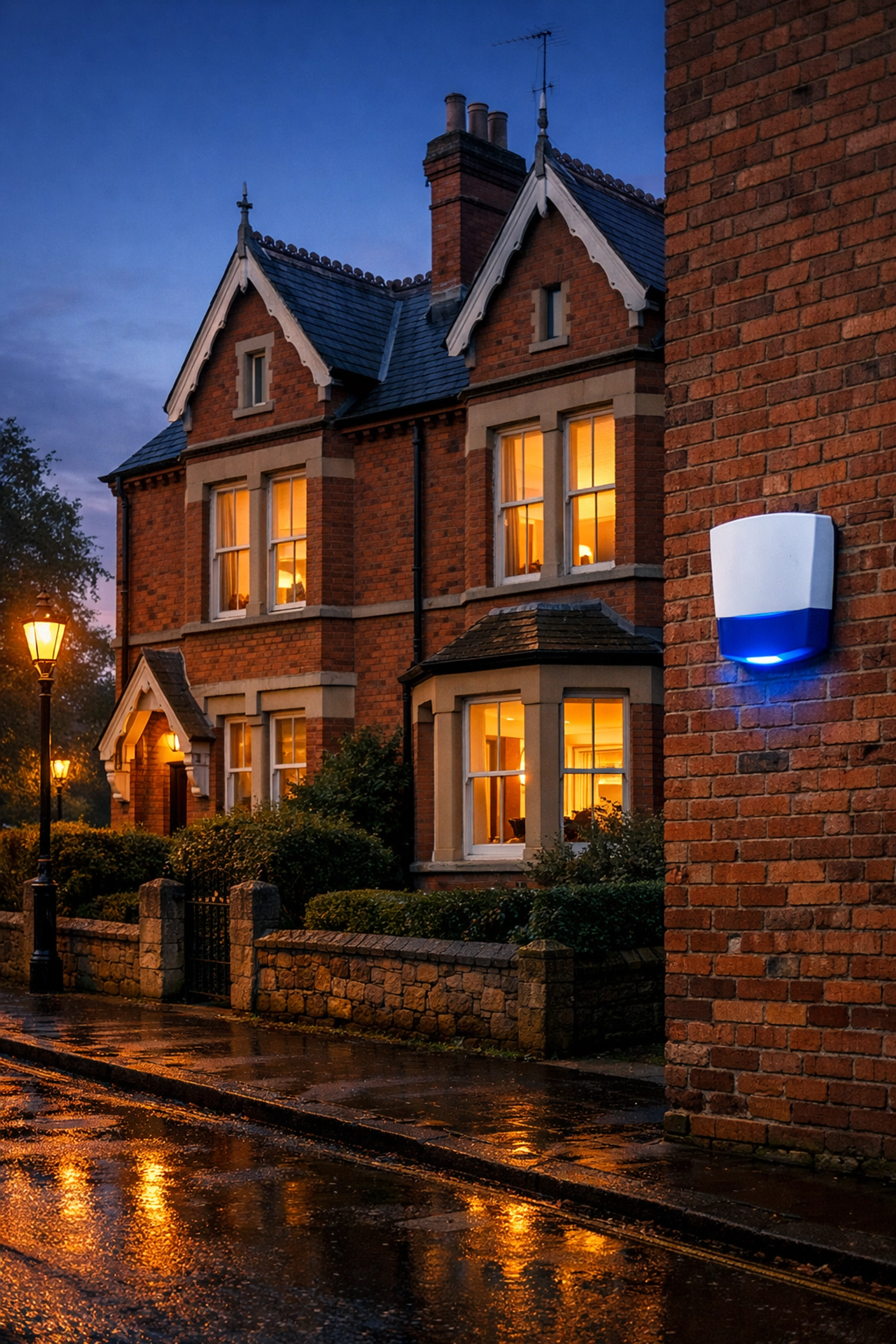 Modern intruder alarm bell box installed on a Victorian red-brick house in North Oxford at twilight.