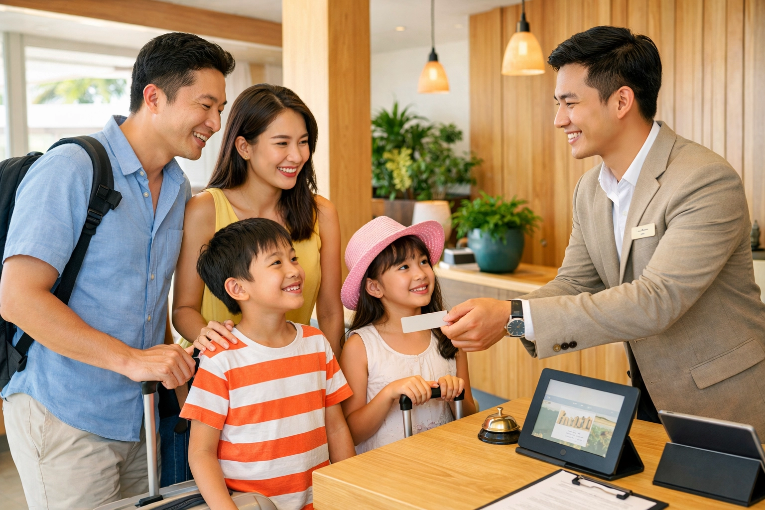 Asian family checking into resort with personalized multilingual voice AI service