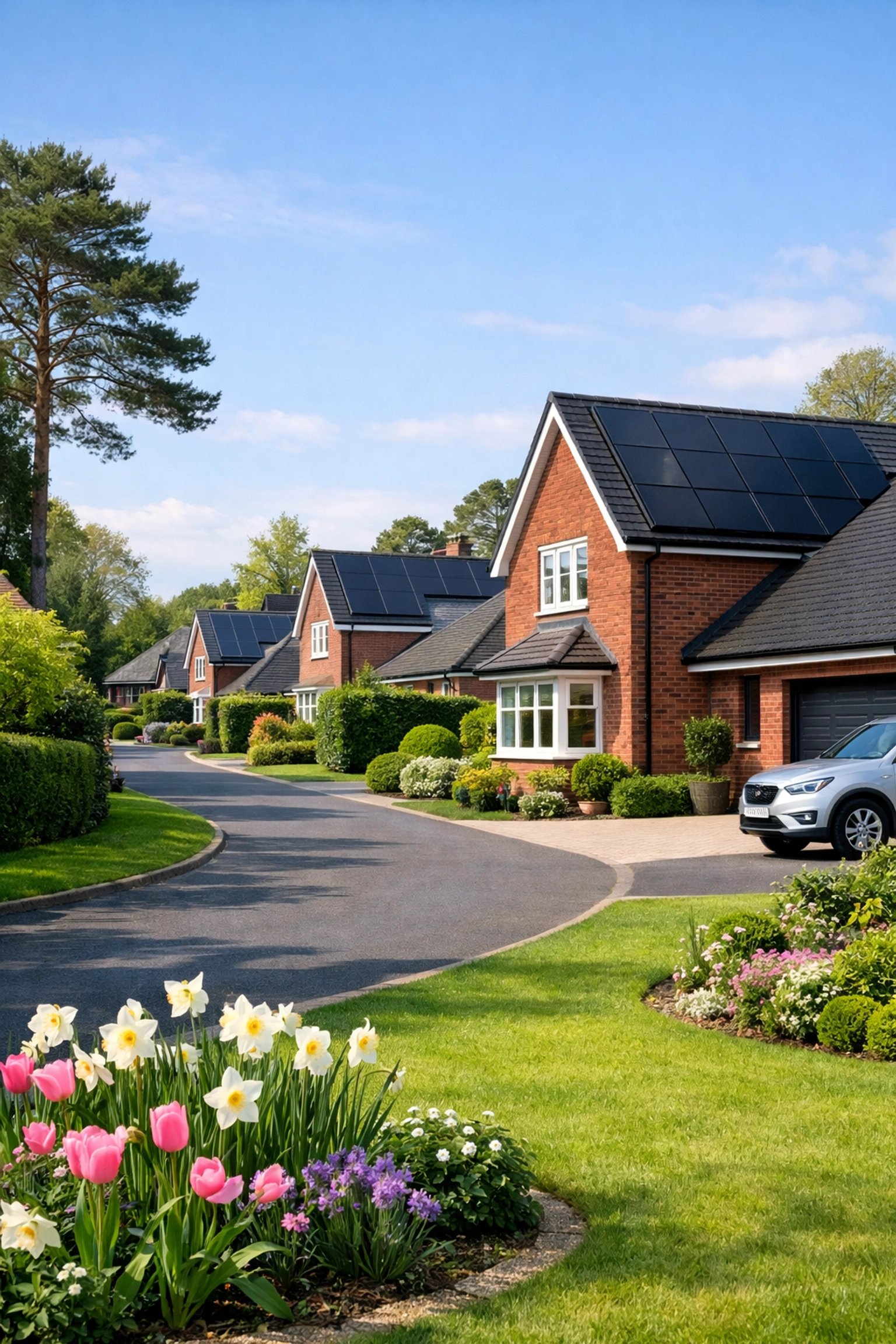 Sleek all-black solar panels installed on modern homes in a leafy Hampshire neighborhood.