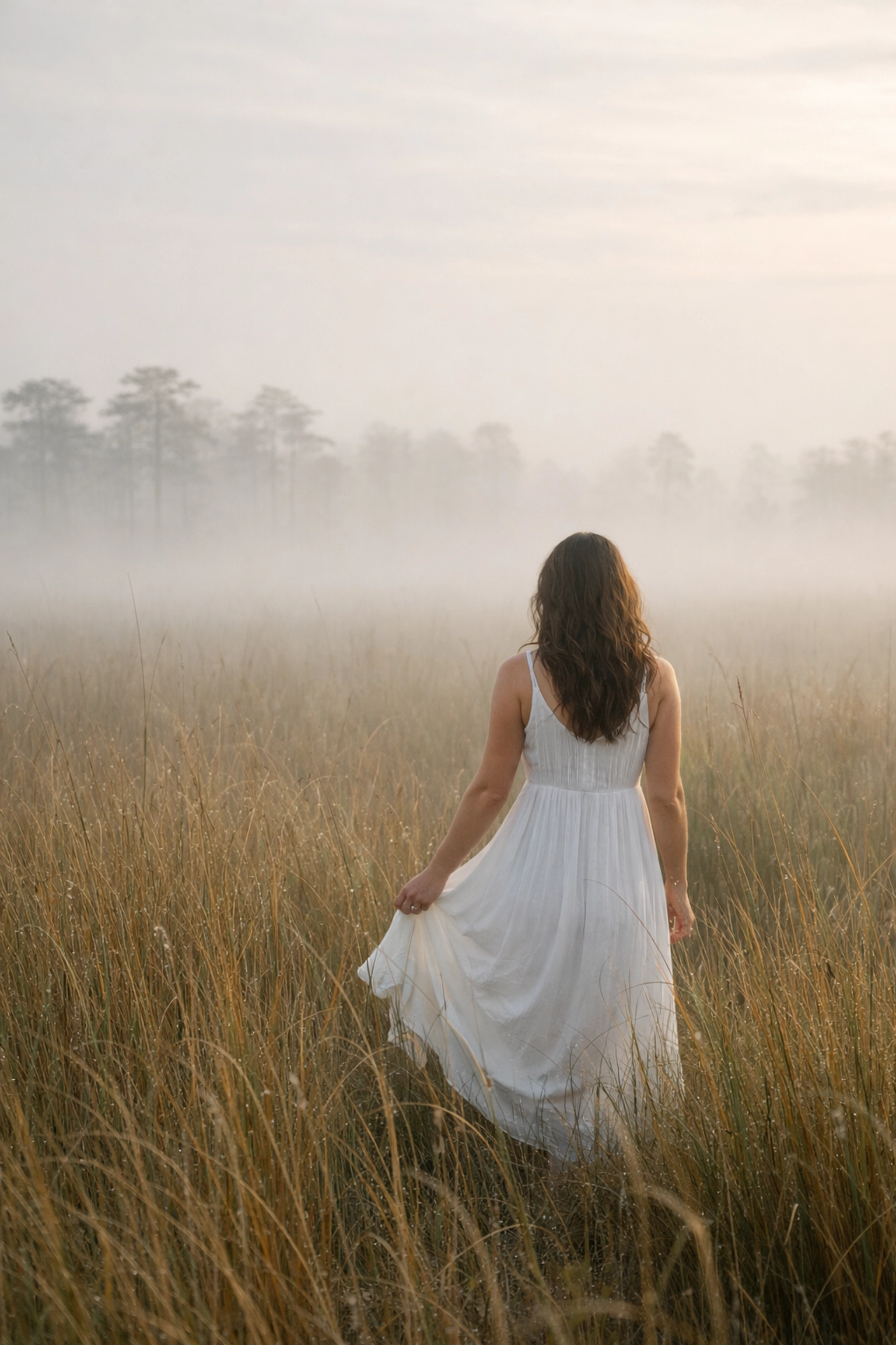 Ethereal fine art photography of a woman in the misty Everglades at sunrise with soft, dreamy lighting.