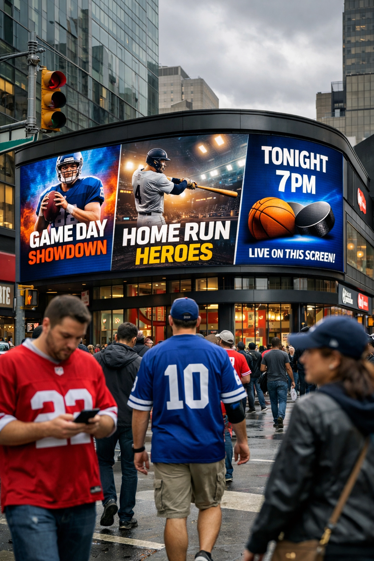 Digital billboard displaying sports advertising to fans on game day in urban entertainment district
