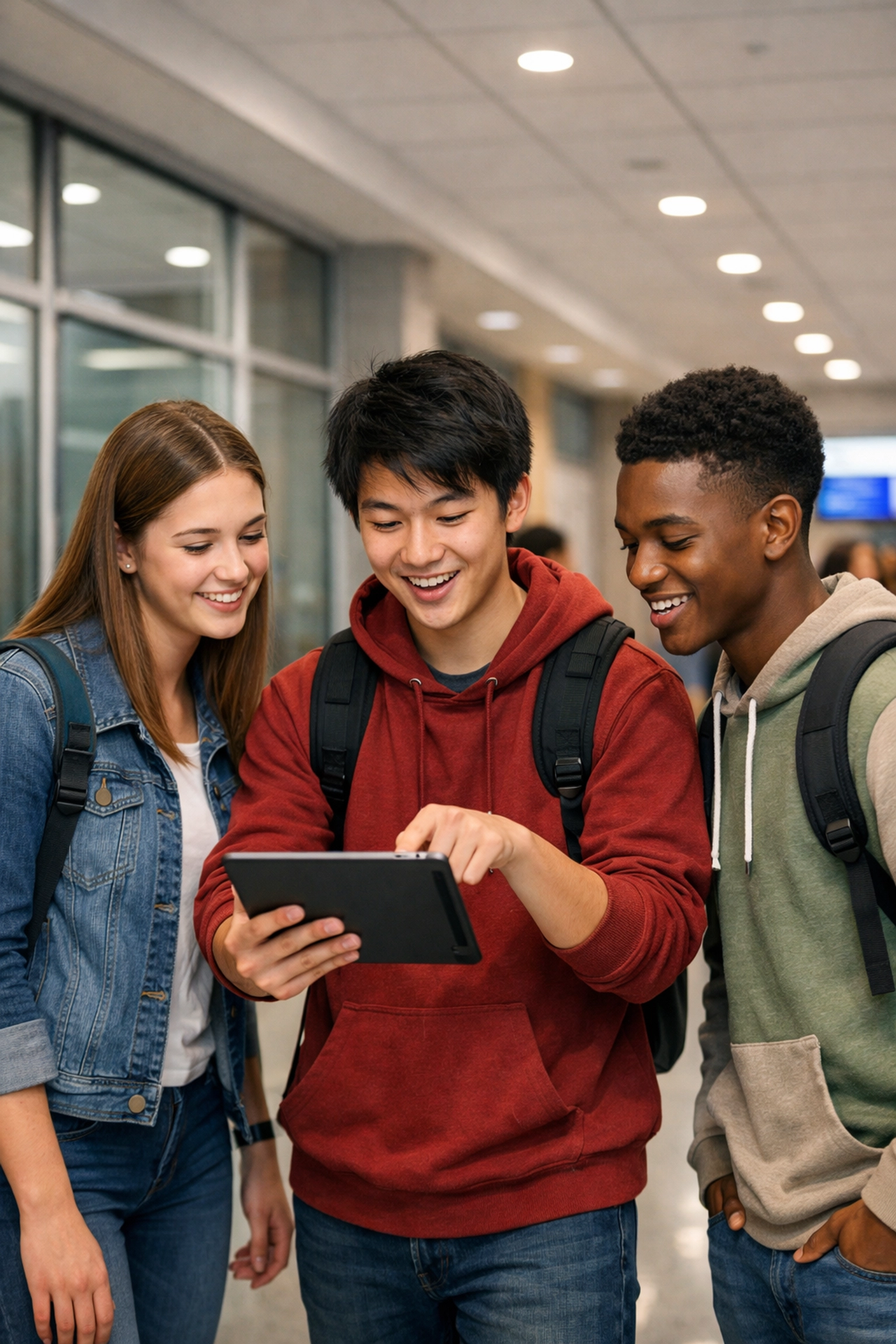 Diverse high school students using digital tablets to demonstrate community engagement and brand loyalty.