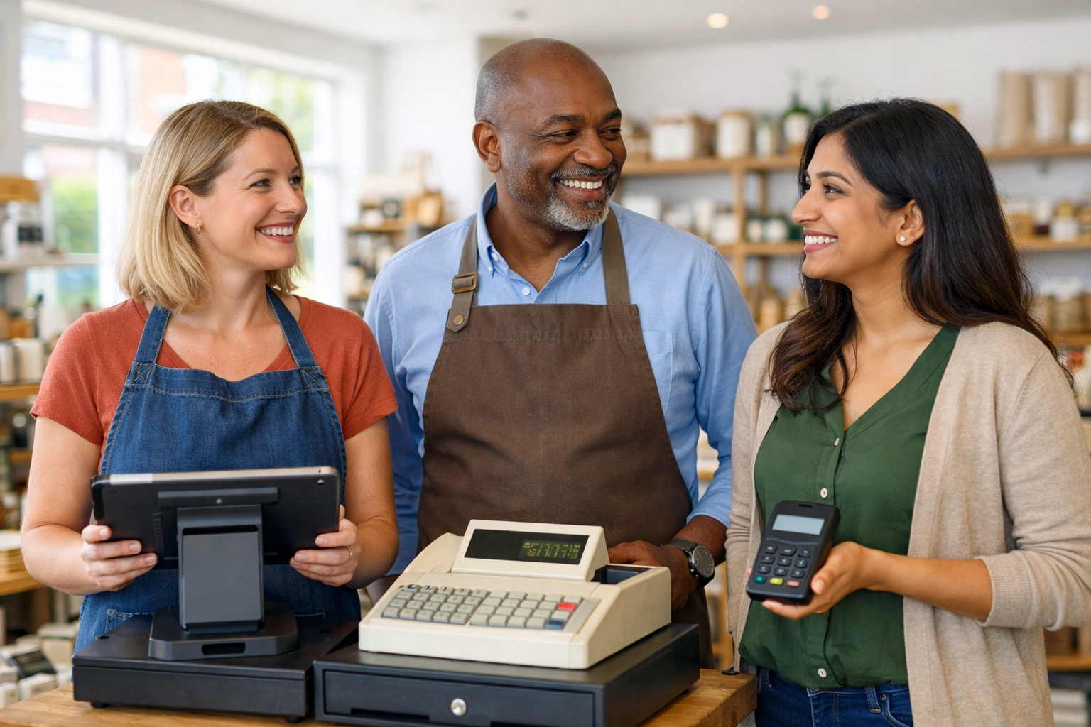UK retail business owners comparing different POS systems including tablet and mobile readers