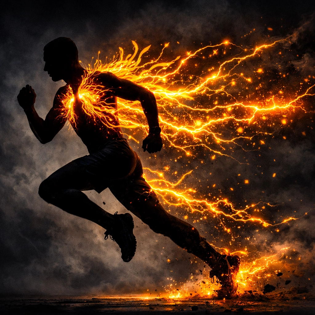 A runner energized by Cordyceps militaris filaments symbolizing improved ATP and cellular energy.