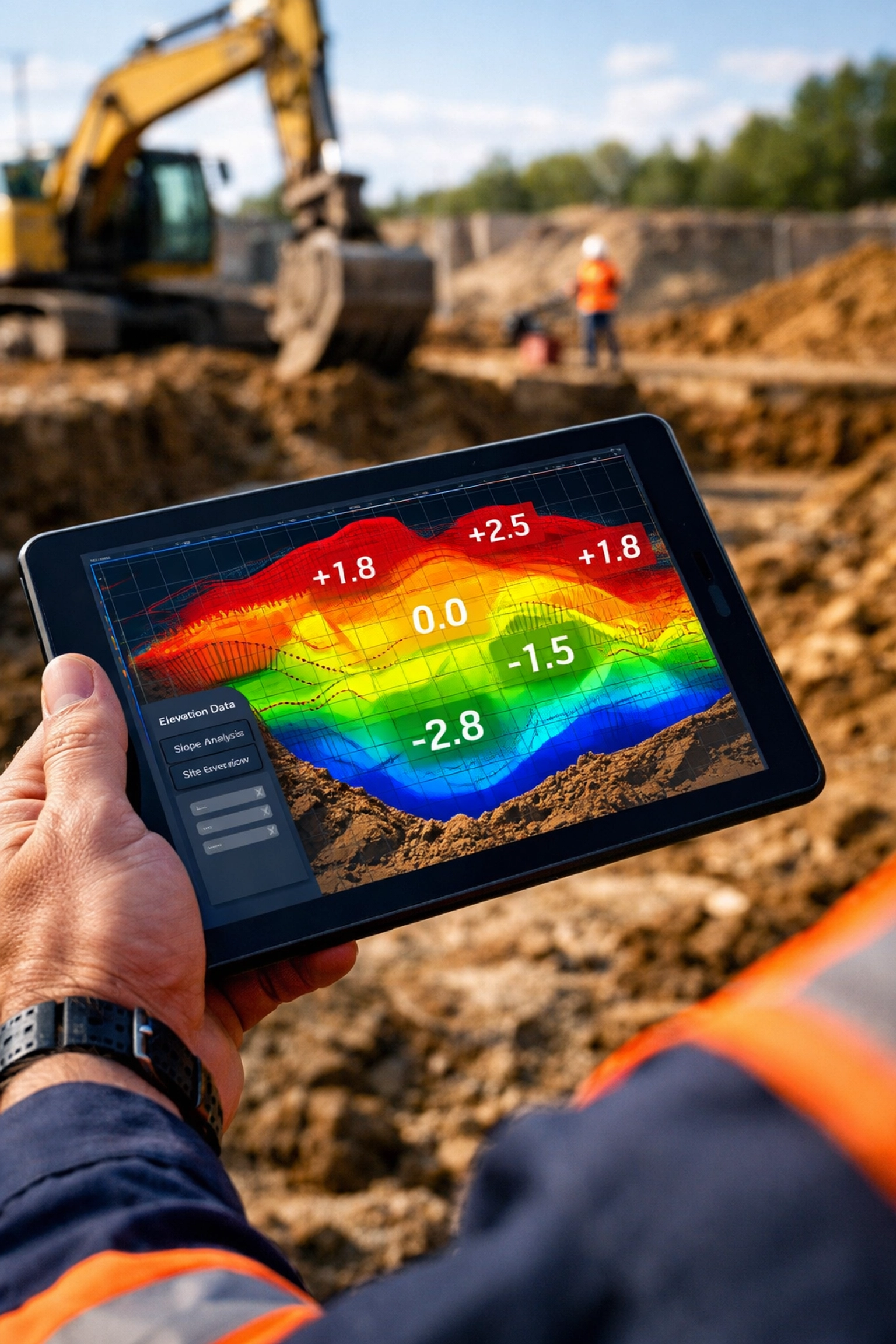 Professional engineer reviewing a 3D lot grading plan on a tablet at an Ontario construction site.