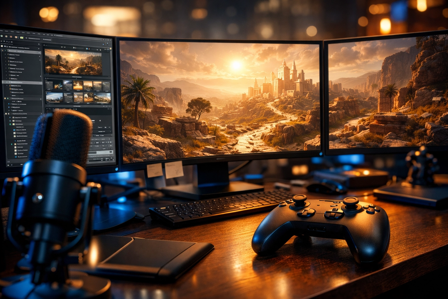 Modern media studio developing Christian video games with a biblical digital landscape and professional recording equipment.