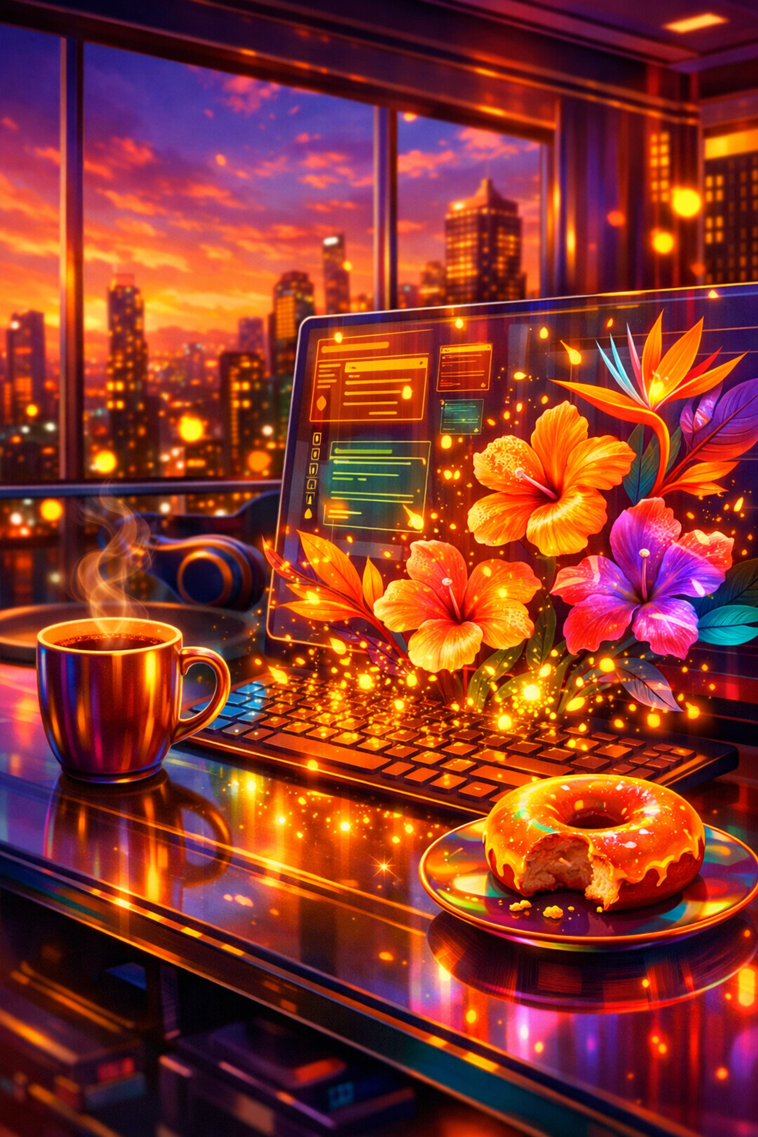 A vibrant high-rise desk filled with tropical flowers and coffee, capturing office romance daydreams.