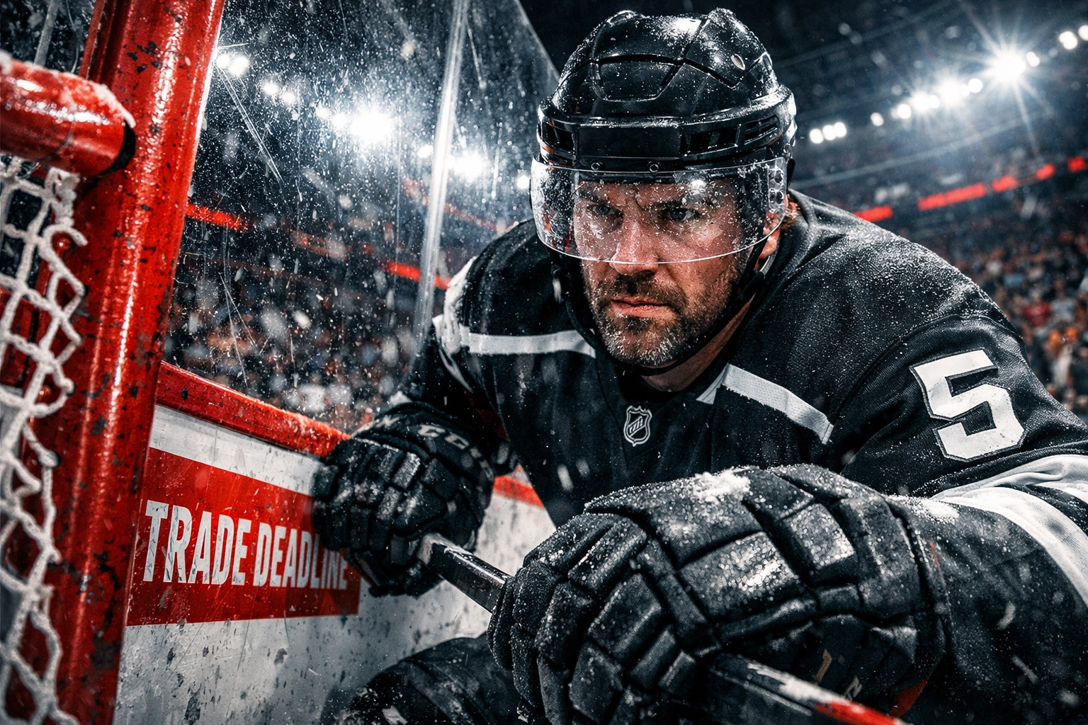 A professional hockey defenseman at the boards during an NHL game near the trade deadline.