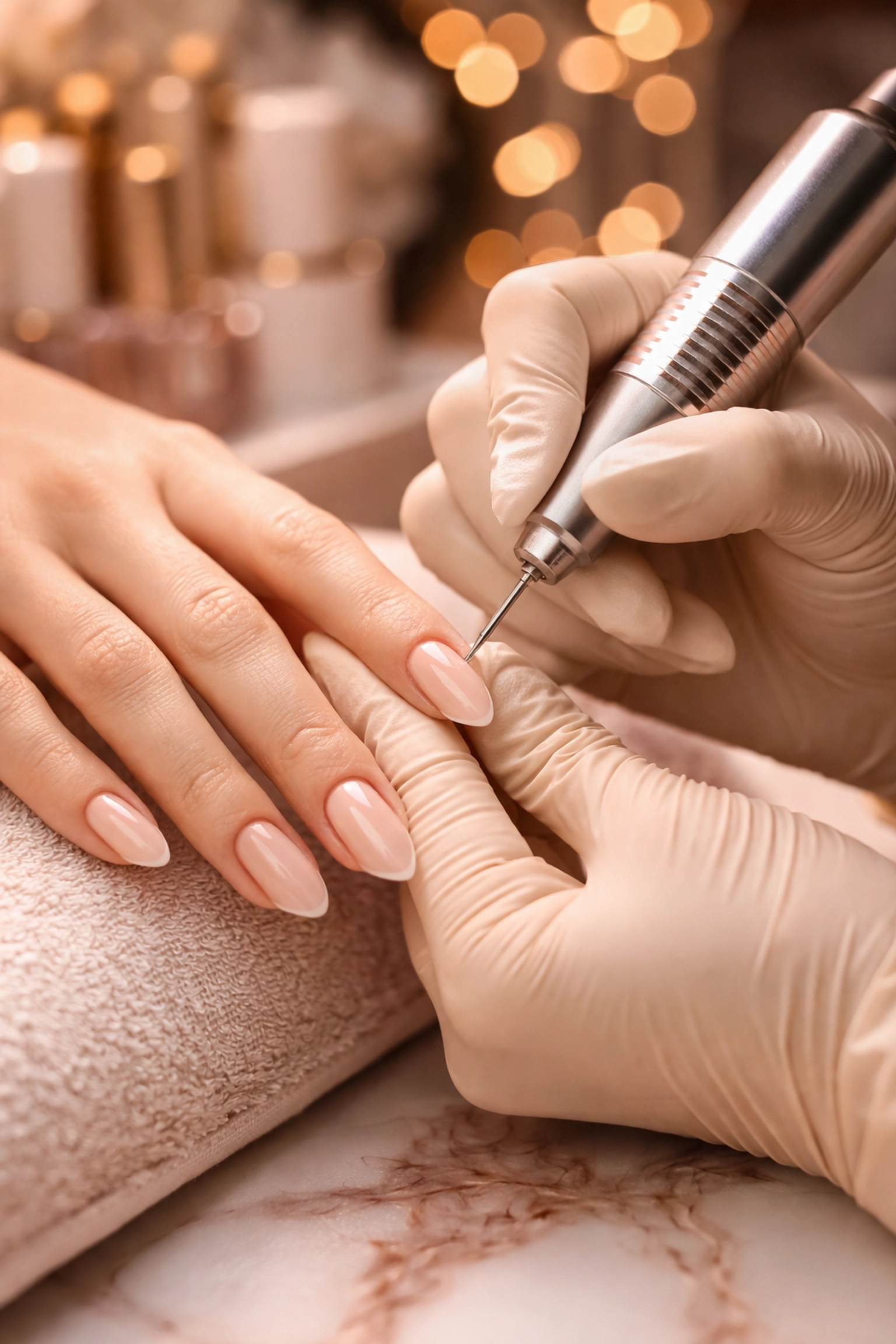 Russian manicure in progress at an upscale Westwood nail salon, featuring precise cuticle care and attention to detail.