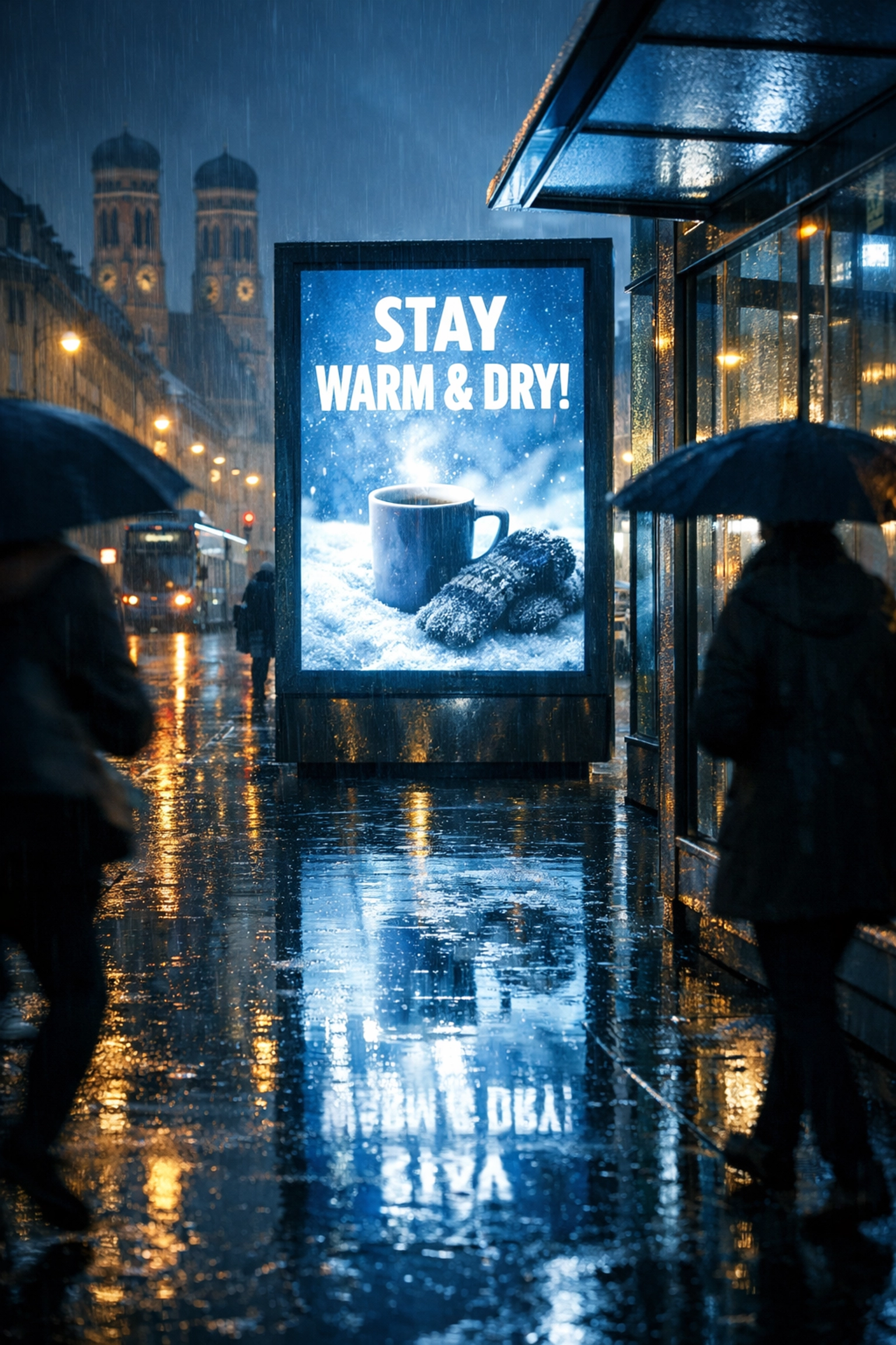 Weather-triggered digital billboard glowing on a rainy evening in Munich, demonstrating event-based DOOH.