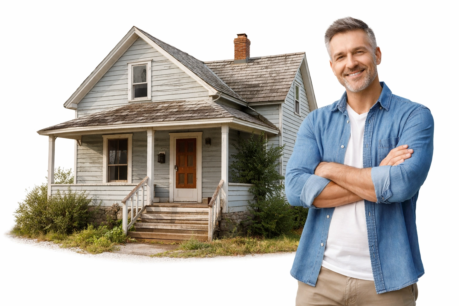 Confident seller smiling beside an older New Jersey home, highlighting selling a house as-is for cash.