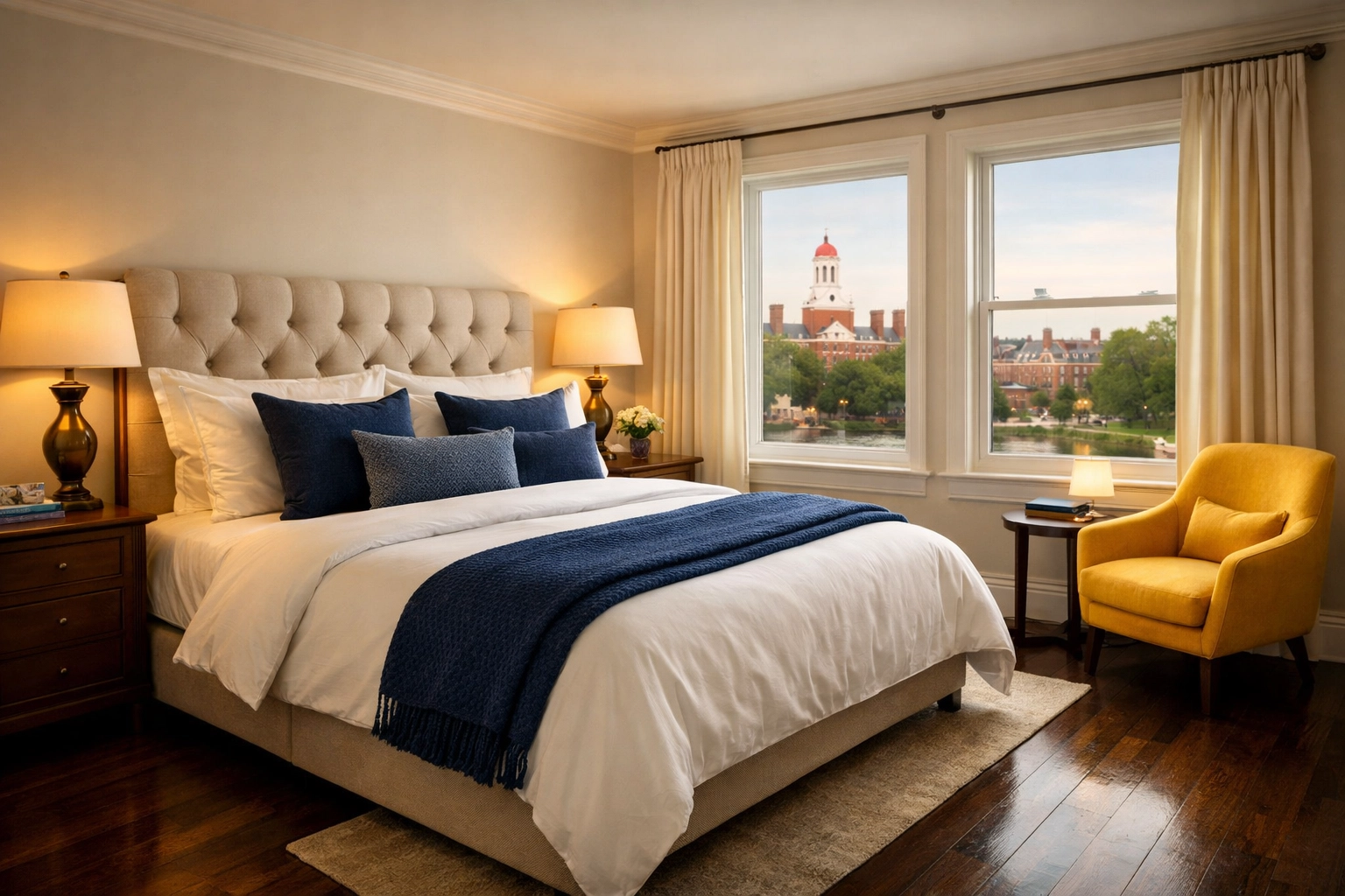 Pristine Harvard, MA guest bedroom with professionally made bed and dust-free hardwood floors.