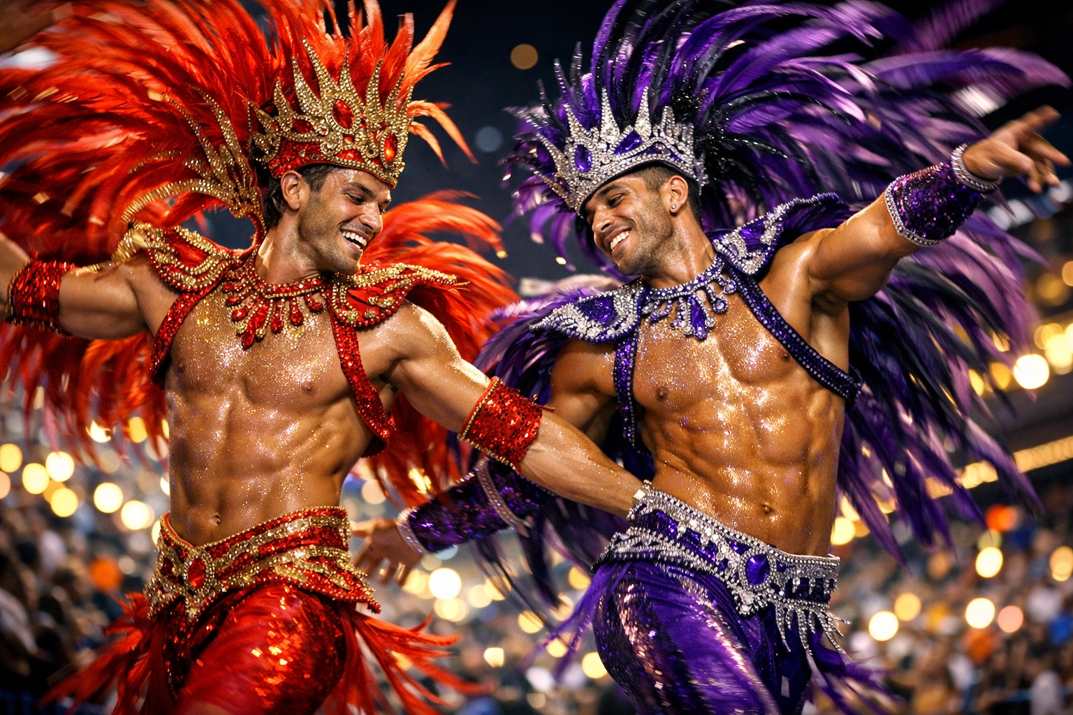 Male samba dancers performing at Sambadrome during Rio Carnival celebration
