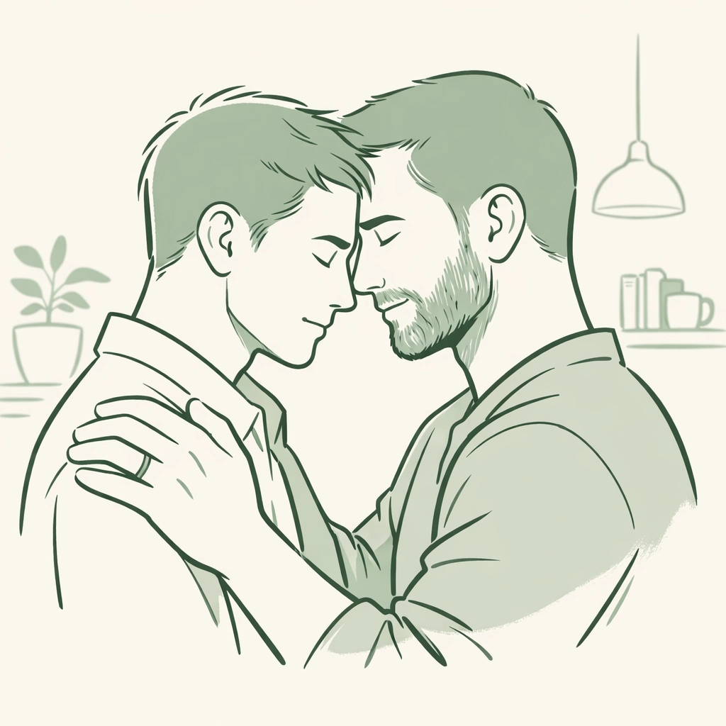Two men in a supportive embrace, illustrating the sense of belonging and safety found in the gay fiction community.