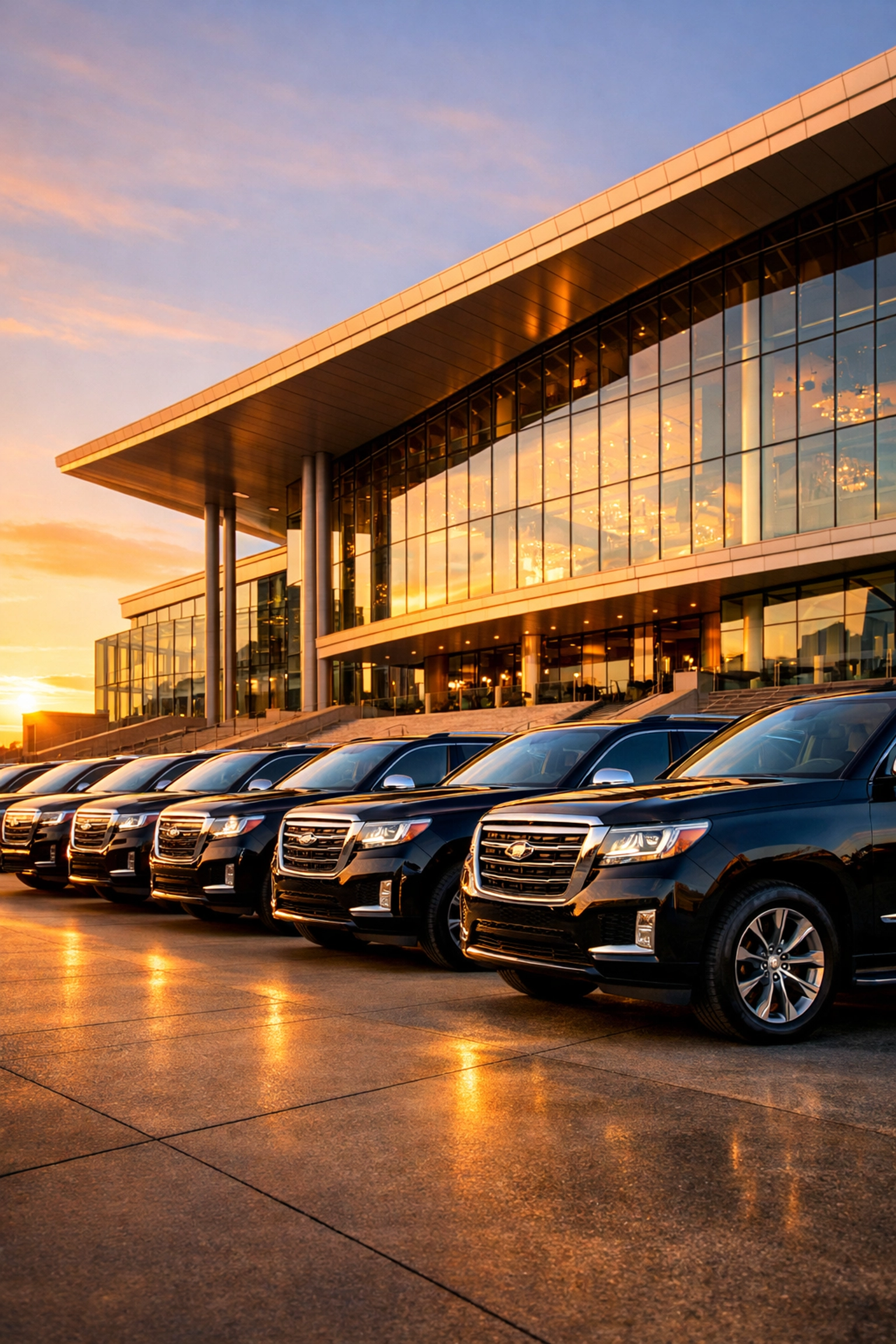 Fleet of black luxury SUVs at a modern venue, symbolizing professional corporate travel and brand logistics.