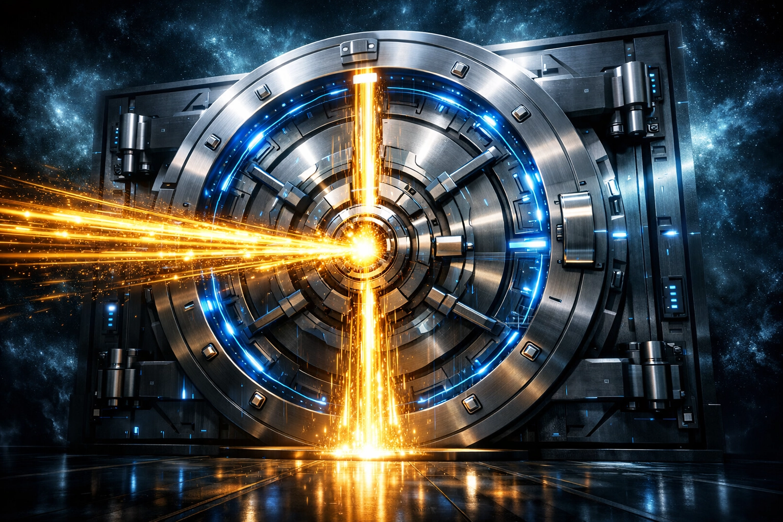 A high-tech digital vault symbolizing secure direct settlement for Larecoin self-custody merchant accounts.