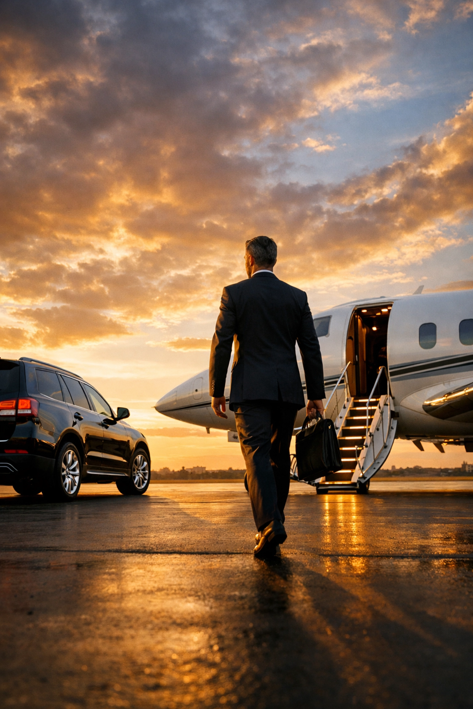 NEWSLETTER: 10 Reasons Your Super Bowl Travel Management Isn't Working (And How VIP Concierge Fixes It) Executive boarding private jet for Super Bowl VIP travel with luxury ground transportation
