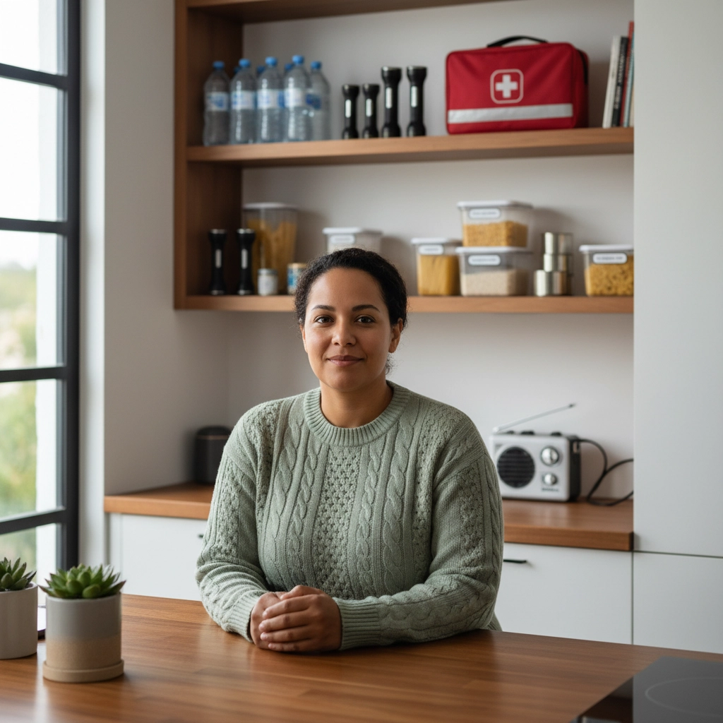 A smiling woman sits at her dining room table with her hands clasped in front of her. She is wearing a green cable-knit sweater. Behind her on some shelving are various emergency supplies; bottled water, and emergency radio, and first aid kit and food. Two small plants sit in front of her to the left.
