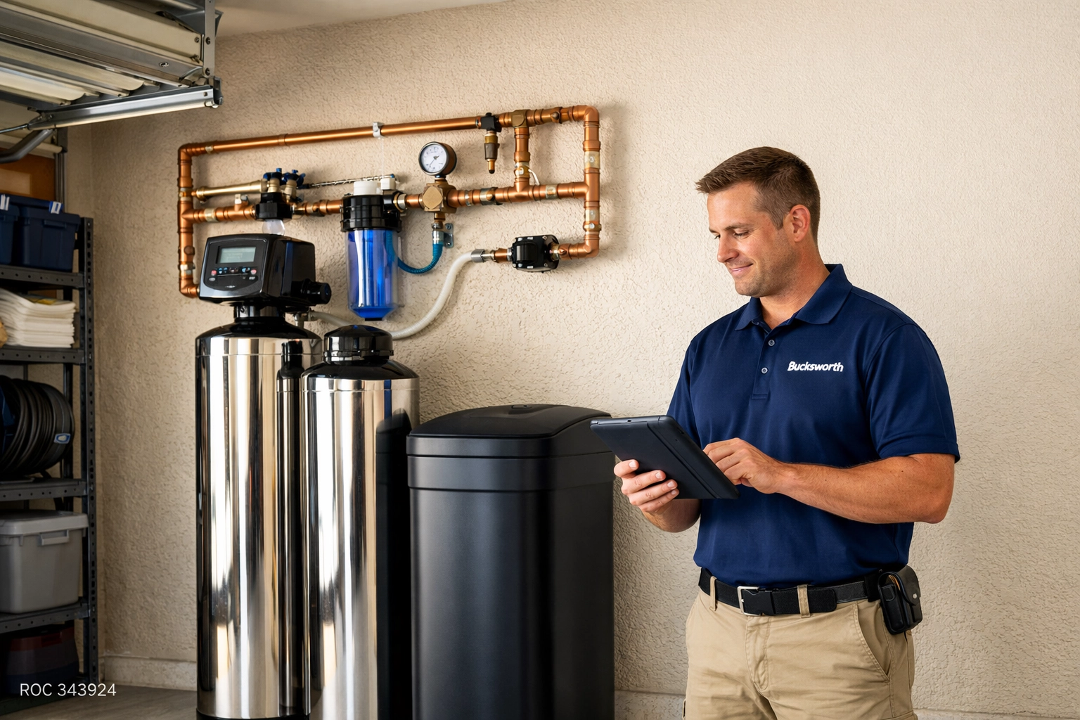 Bucksworth plumber inspecting a whole-home water filtration system in a Chandler AZ home garage.